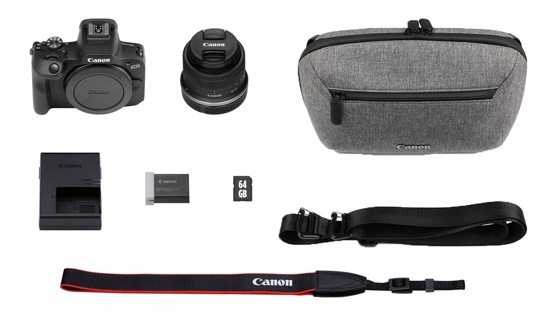 Canon EOS R100 Plus Objectif RF-S 18-45 mm F4.5-6.3 is STM Plus Sacoche pour Appareil Photo Plus Carte SD 64 Go (Appareil Photo numérique sans Miroir, caméra vidéo 4k, 24,1 mégapixels