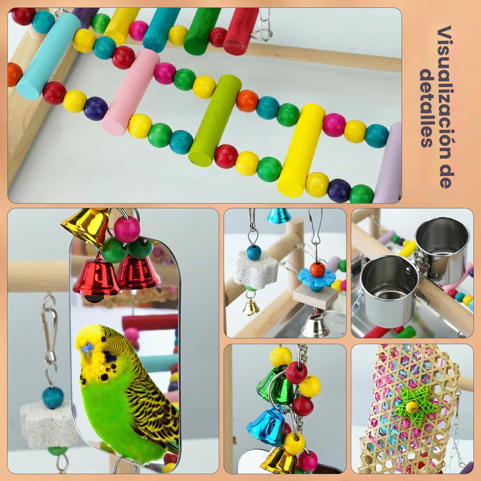 Parque de Juegos para Pájaros con Espejo Soporte de Madera para Pájaros Mesa de Juegos de Loros con Comedero Copa Swing Escalera de Ascenso y la Bandeja Portátil Aves Juego Stand