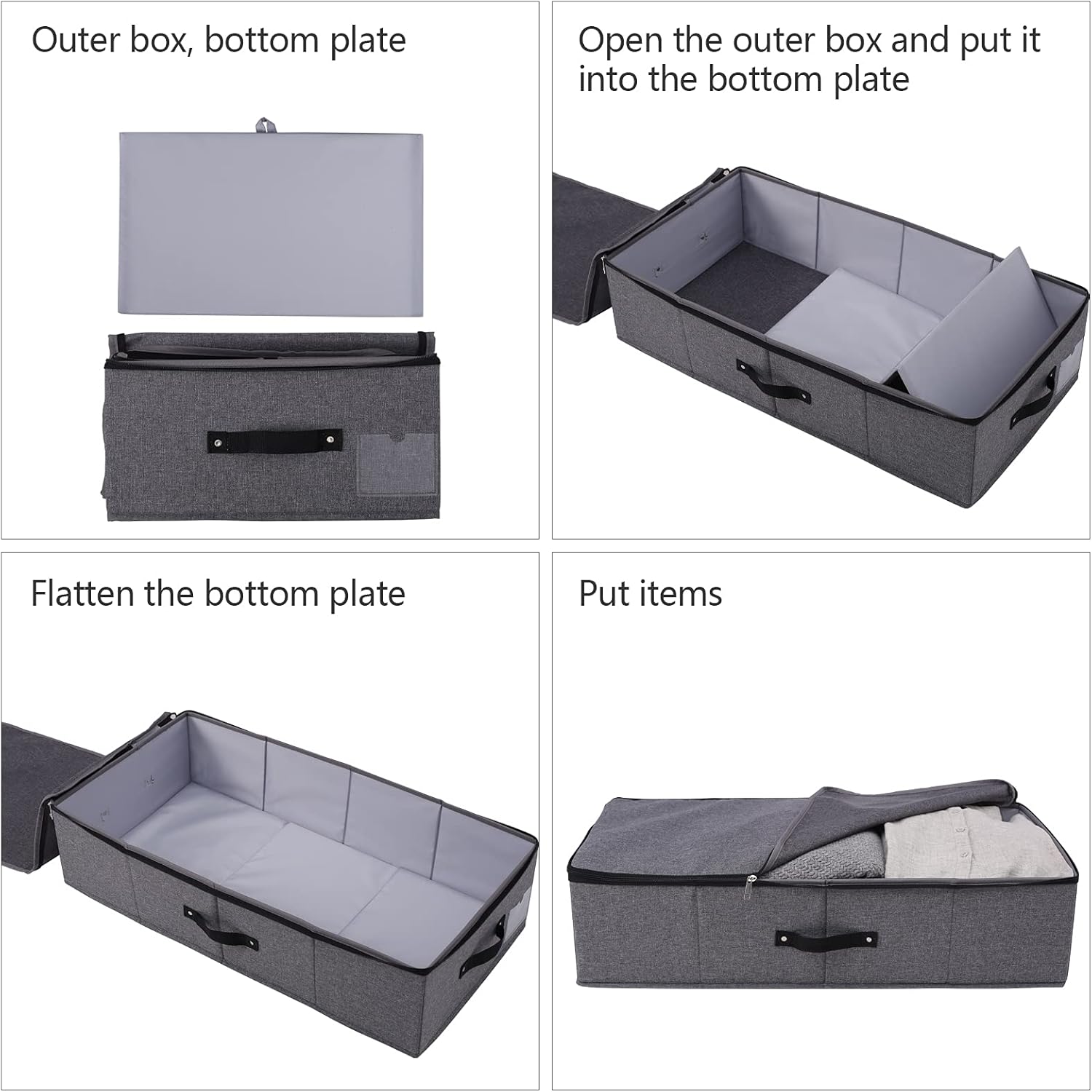 Omygarden 2PCS Foldable Under Bed Storage Box with Plastic Support Liner, Handles, Zipper lid, Blankets Clothes Comforters Storage Bin Organizer for Bedroom and Closet, 29×15×7inch, Black Grey - Image 9