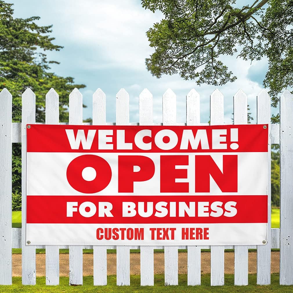 Custom Vinyl Banner Multiple Sizes Welcome Open for Business #1 Now Open Outdoor Weatherproof Industrial Yard Signs 4 Grommets Personalized Text Here 24x36Inches