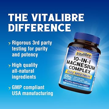 Vitalibre 10 in 1 Magnesium Complex, 420mg Elemental Magnesium | Ultra Strength, Max Absorption | Chelated Magnesium Supplement for Nerves, Bone & Heart Health | Non-GMO, 120 Vegan Capsules