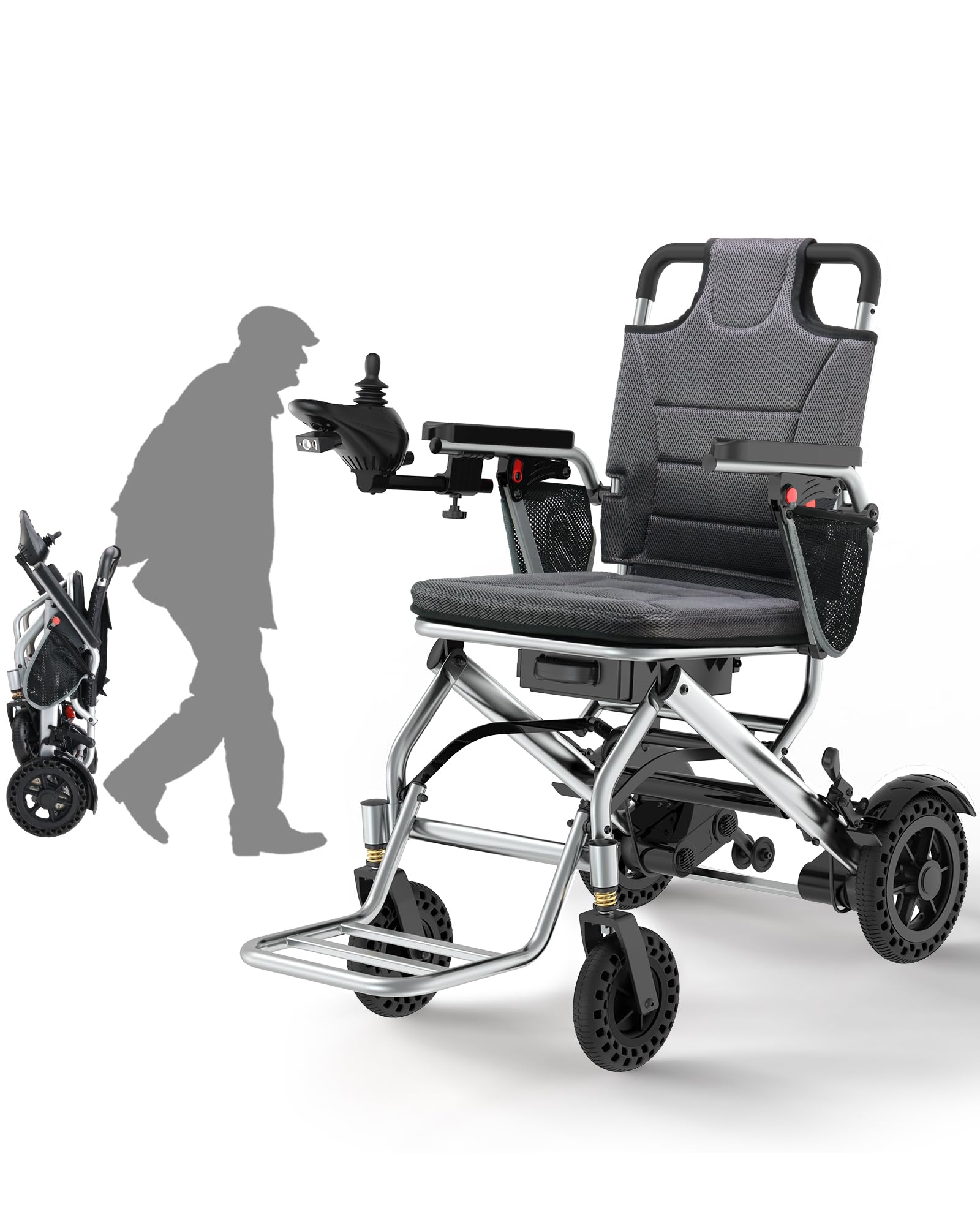 15 KG Silla de Ruedas Eléctrica Plegable para Adultos, Soporta hasta 150 KG, Autonomía de 24 KM y Apta para Viajes en Avión, Motor de 360 W para Uso en el Hogar, Exteriores y Viajes, Plata