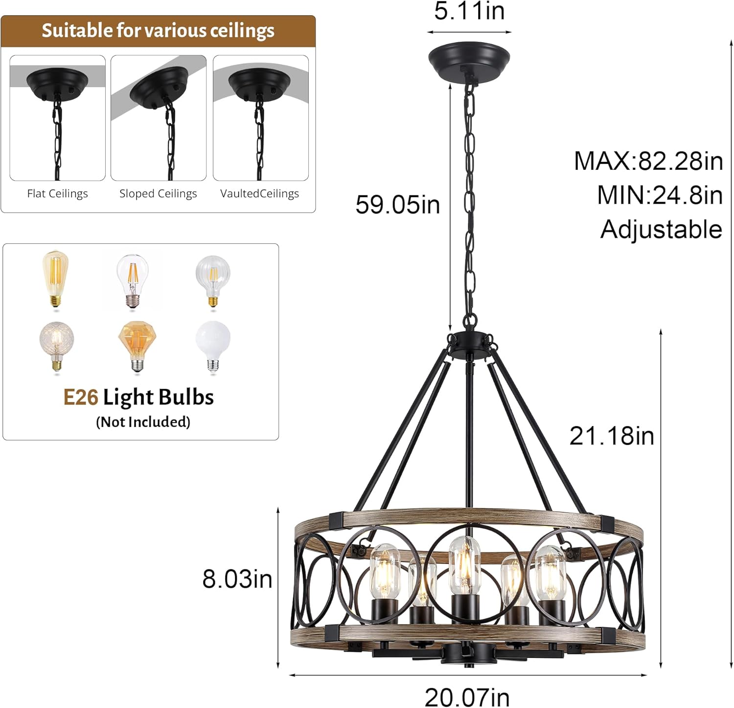 Farmhouse Chandelier for Dining Room 5-Light Black Rustic Drum Chandeliers 20" Wood Texture Adjustable Pendant Light Fixture for Kitchen Island Entryway Bedroom Hallway