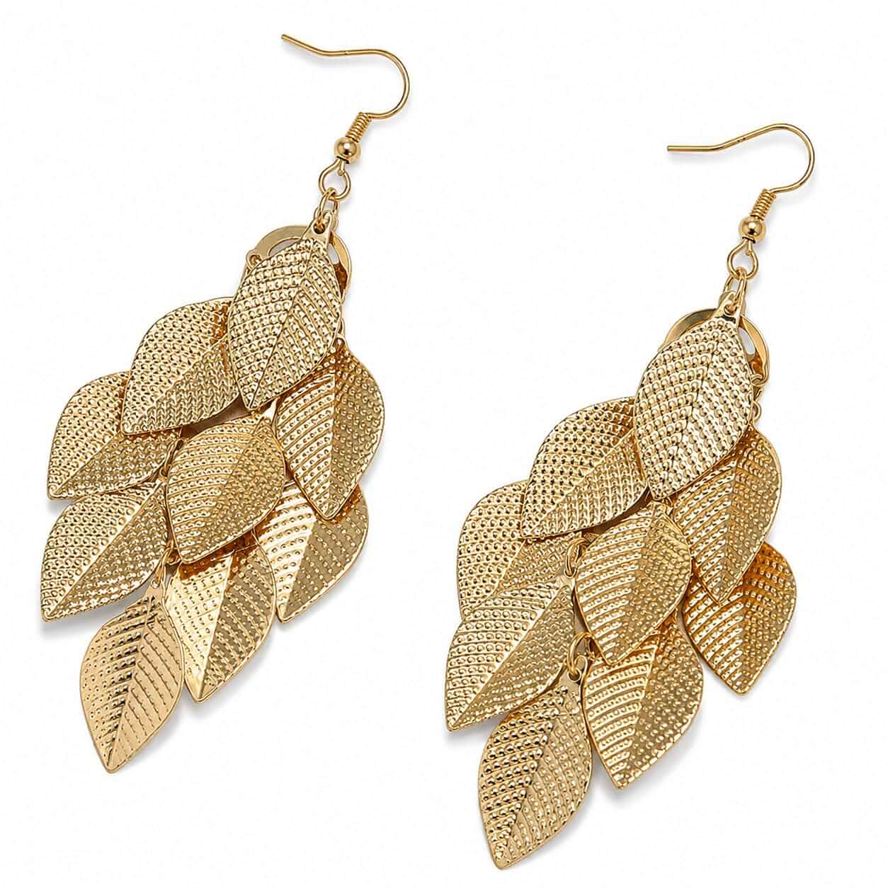 Gold Layered Leaf Dangle Earrings, Textured Statement Hooks for Women Layered textured leaves create eye-catching movement with lightweight fish hooks for parties, vacations, and daily outfits.