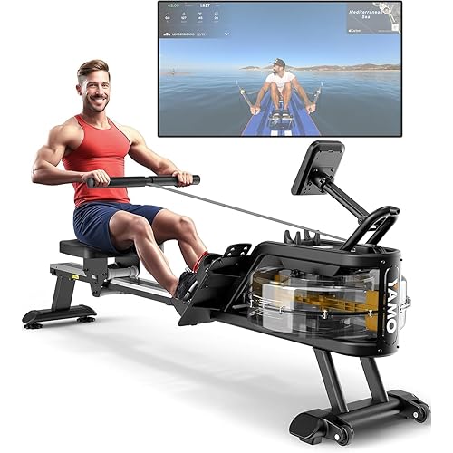 YAMO Water Rowing Machine for Home, Row Machine with 330LBS Weight Capacity, Support Bluetooth & Compatible with Apps, Water Row Machine with Comfortable Seat and Tablet Holder