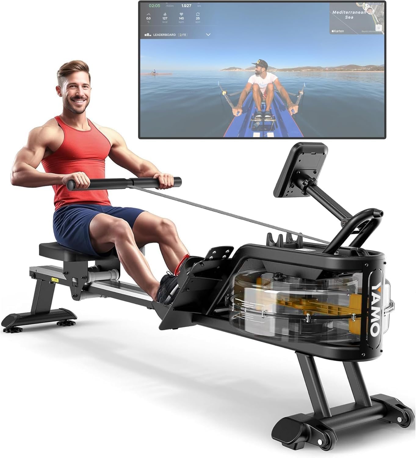 YAMO Water Rowing Machine for Home, Row Machine with 330LBS Weight Capacity, Support Bluetooth & Compatible with Apps, Water Row Machine with