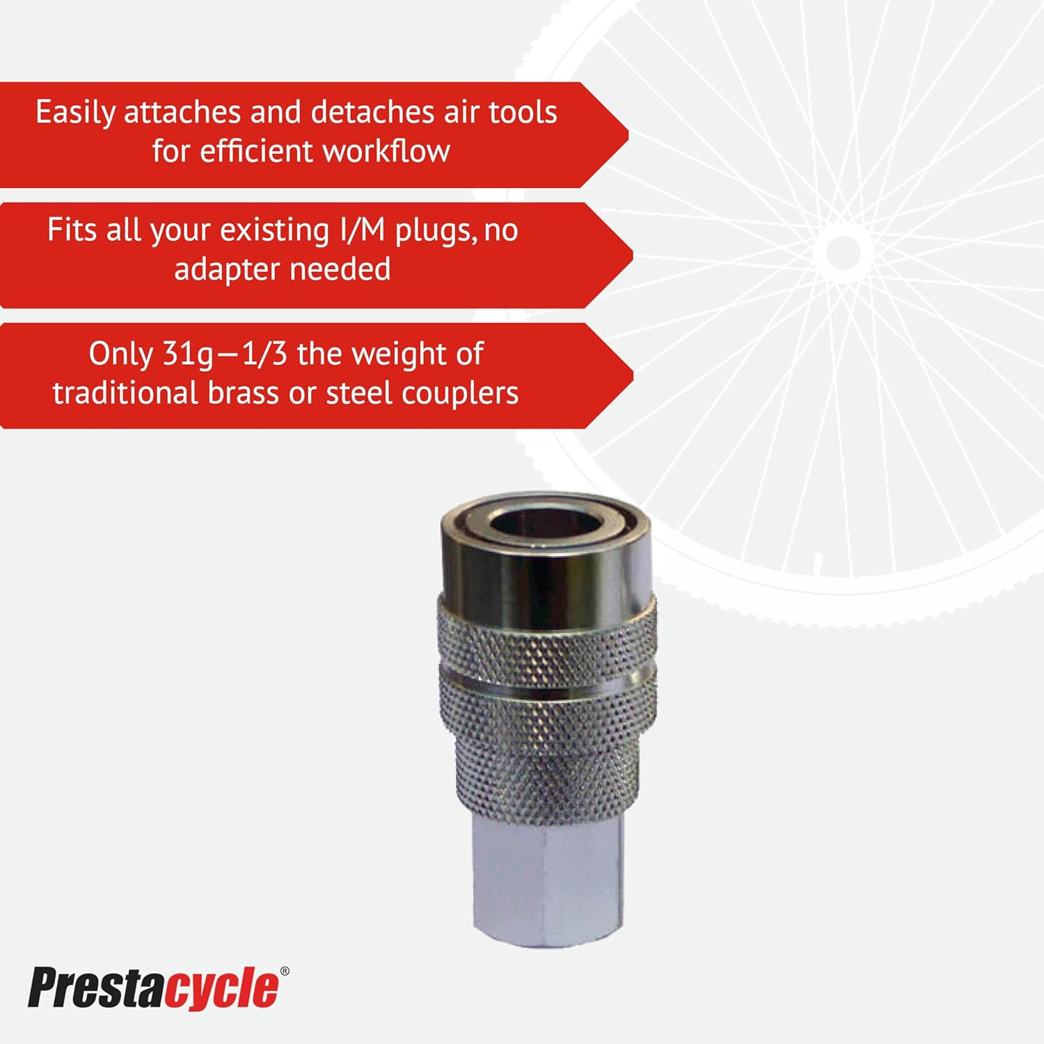 Prestacycle 1/4" I/M Alloy Quick Coupler Kit, Lightweight Durable CNC Machined Aluminum Air Hose Connector with Stainless Steel Bearings, Includes Coupler and Plugs