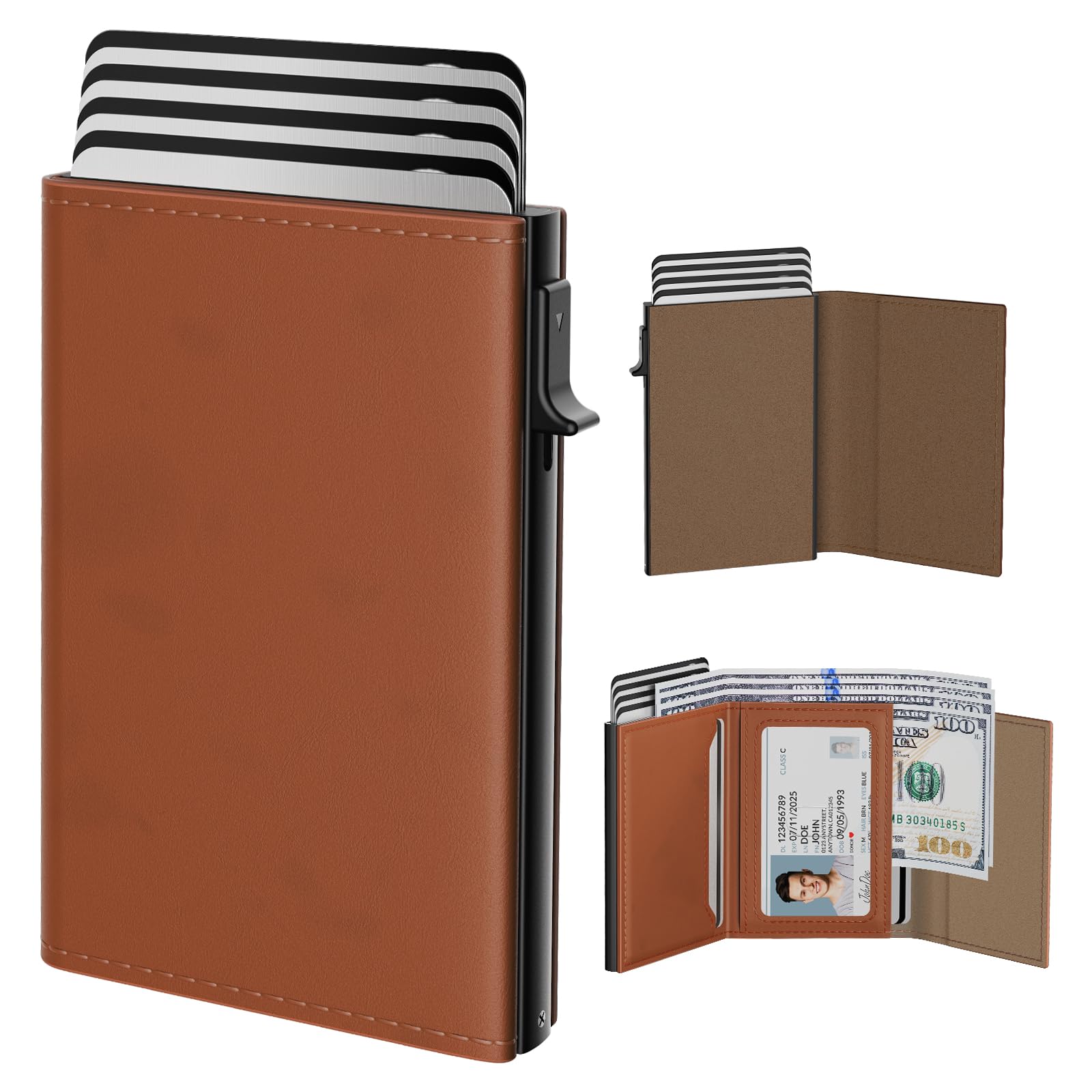 typecaseMens Wallet Card Holder: Pop Up Aluminum Case, Genuine Leather, Smart, RFID Blocking, Slim, Minimalist, Front Pocket - 9-14 Card Capacity | ID Window | Cash Slot (Oil Brown)