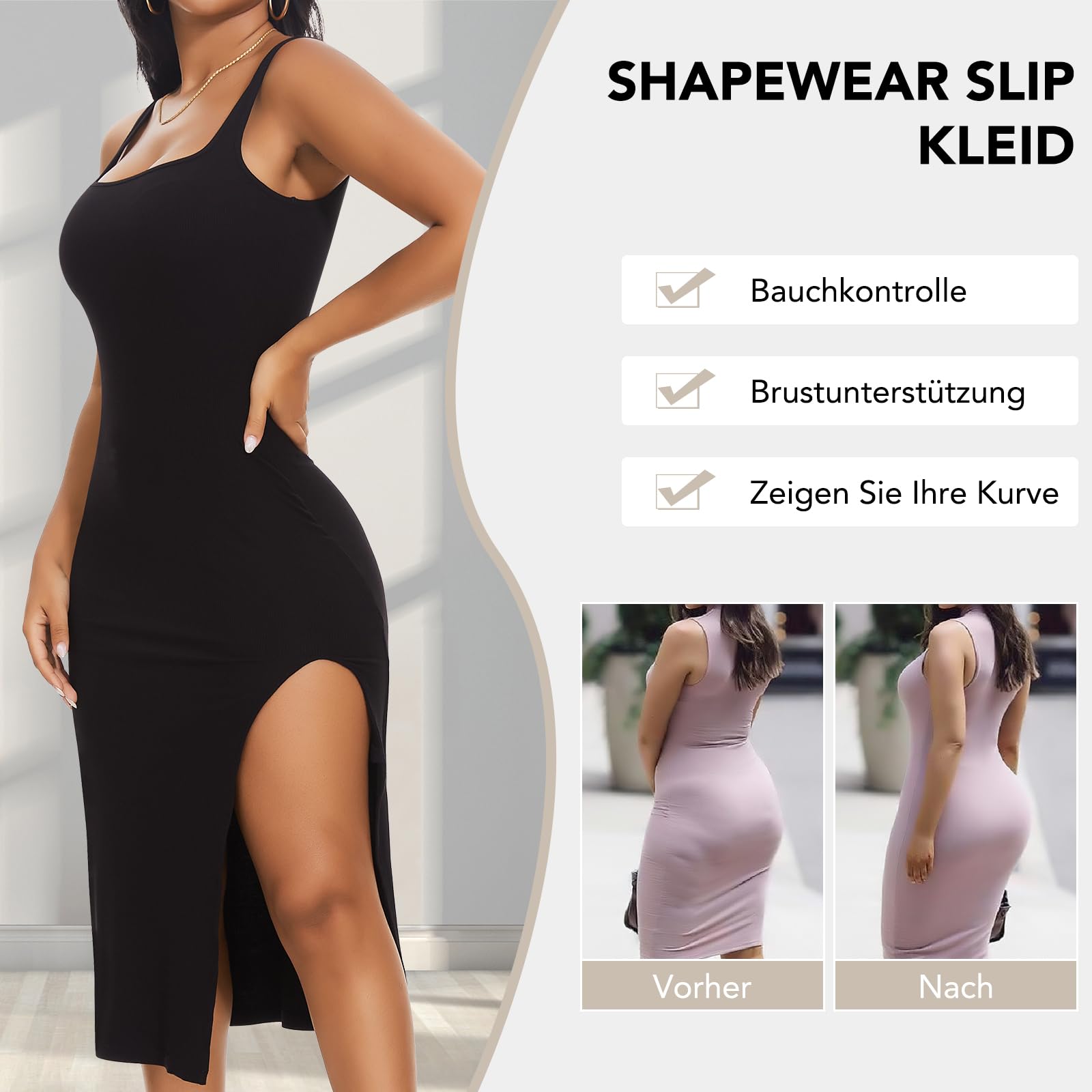 SHAPERIN Robe Sculptante Longue Femme Shapewear Slit Robe Col Carré Décontracté Moulante Robe Midi sans Manches