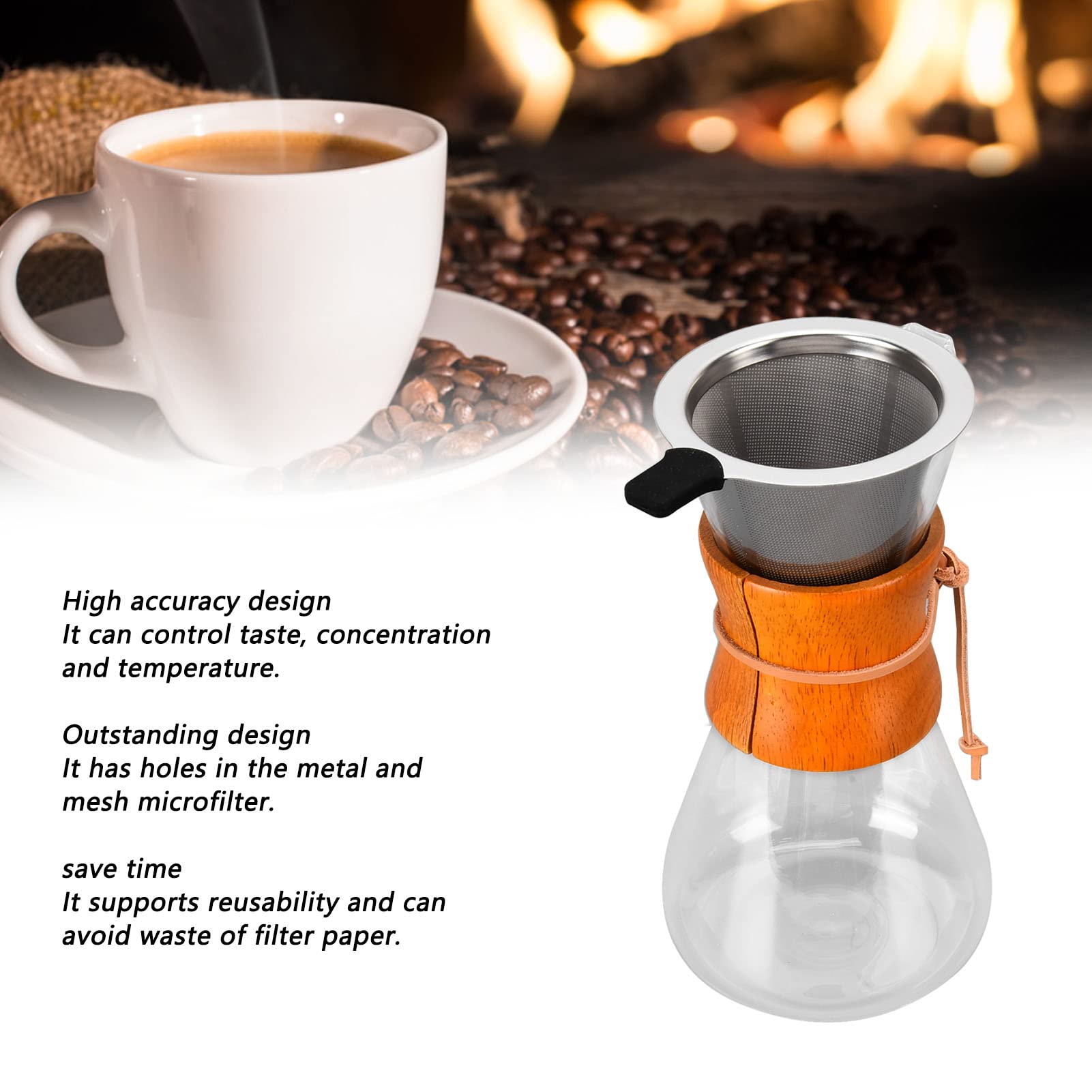 Cafetera de Verter, Cafetera Manual con Gotero de Café de 550 ml con Filtro Permanente de Acero Inoxidable de Doble Capa, Cafetera de Vidrio Resistente Al Calor de Bambú