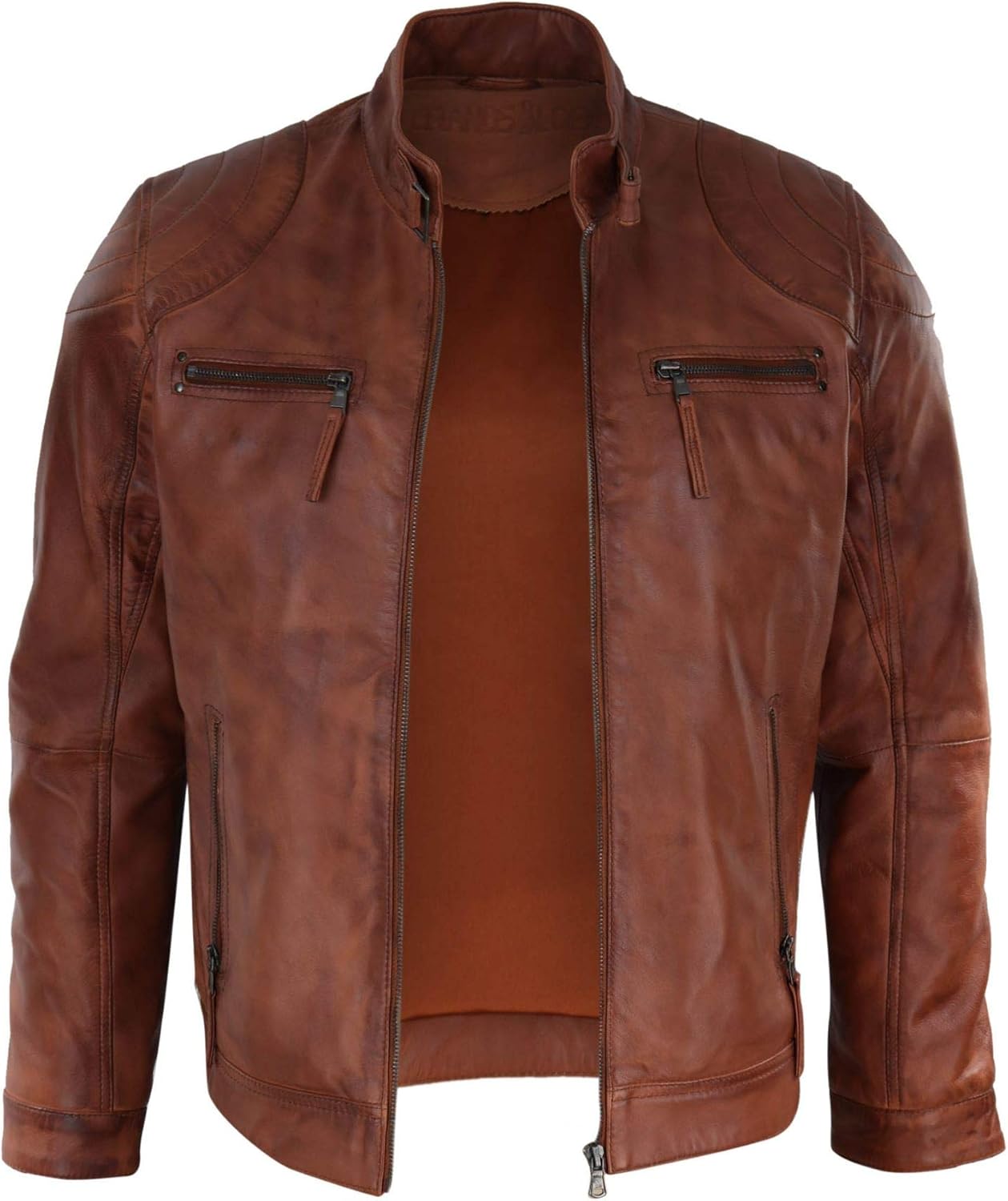 Men's Biker Zip Jacket Leather Light Short Classic Motorcycle