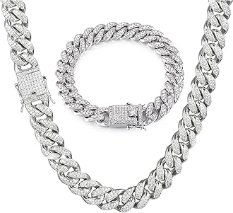 GIHENHAO Cuban Link Chain for Men,Silver Necklace and Bracelet,Miami Cuban Chains,Bling Diamond Chain for Hip Hop Jewelry