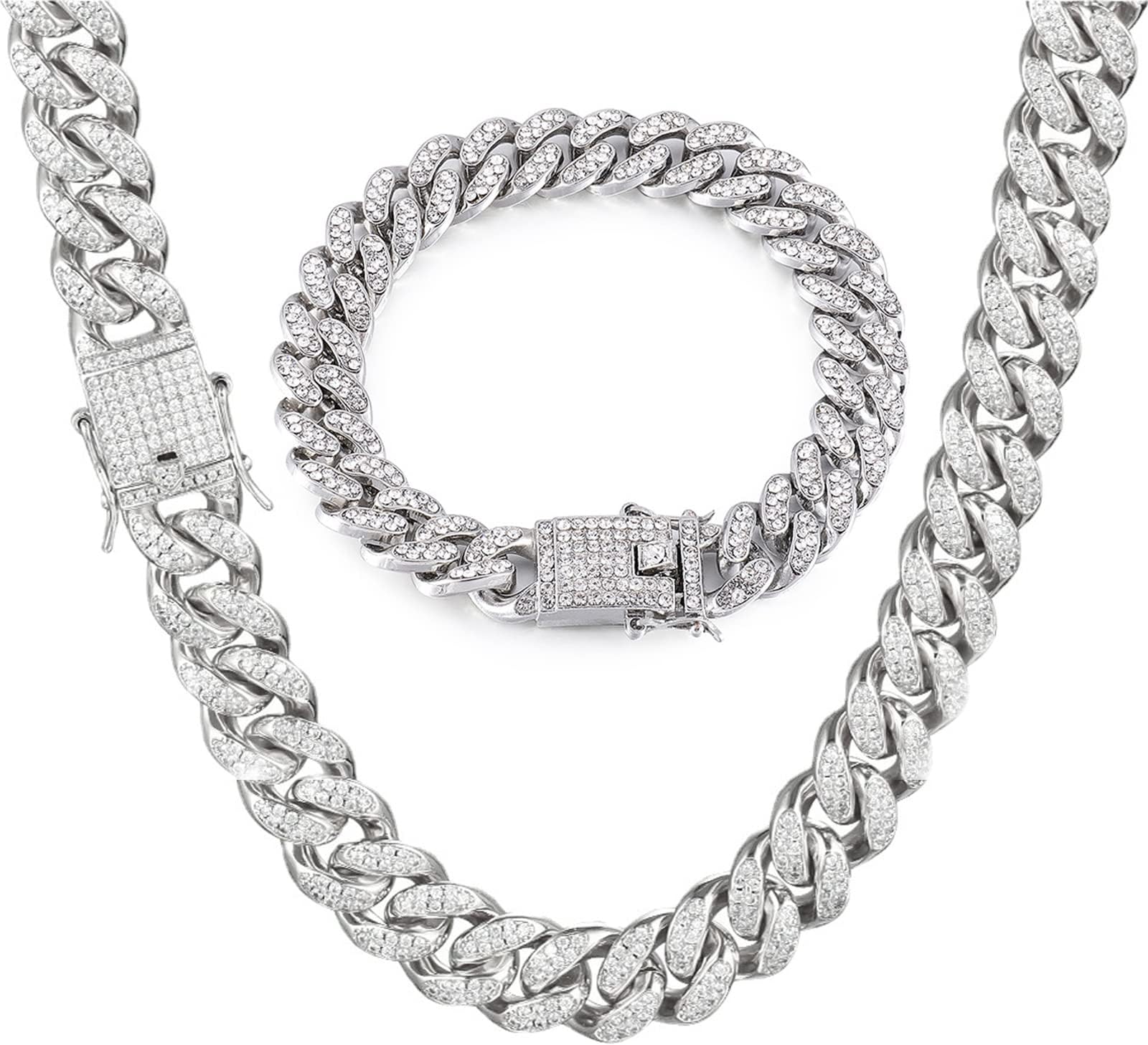 Mens Cuban Link Chain Miami Cuban Necklace Bracelet Bling Diamond Chain for Mens Women