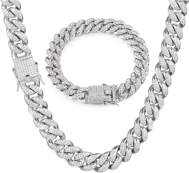 Men's Cuban Link Diamond Necklace & Bracelet Set - Bling Chain for Men & Women
