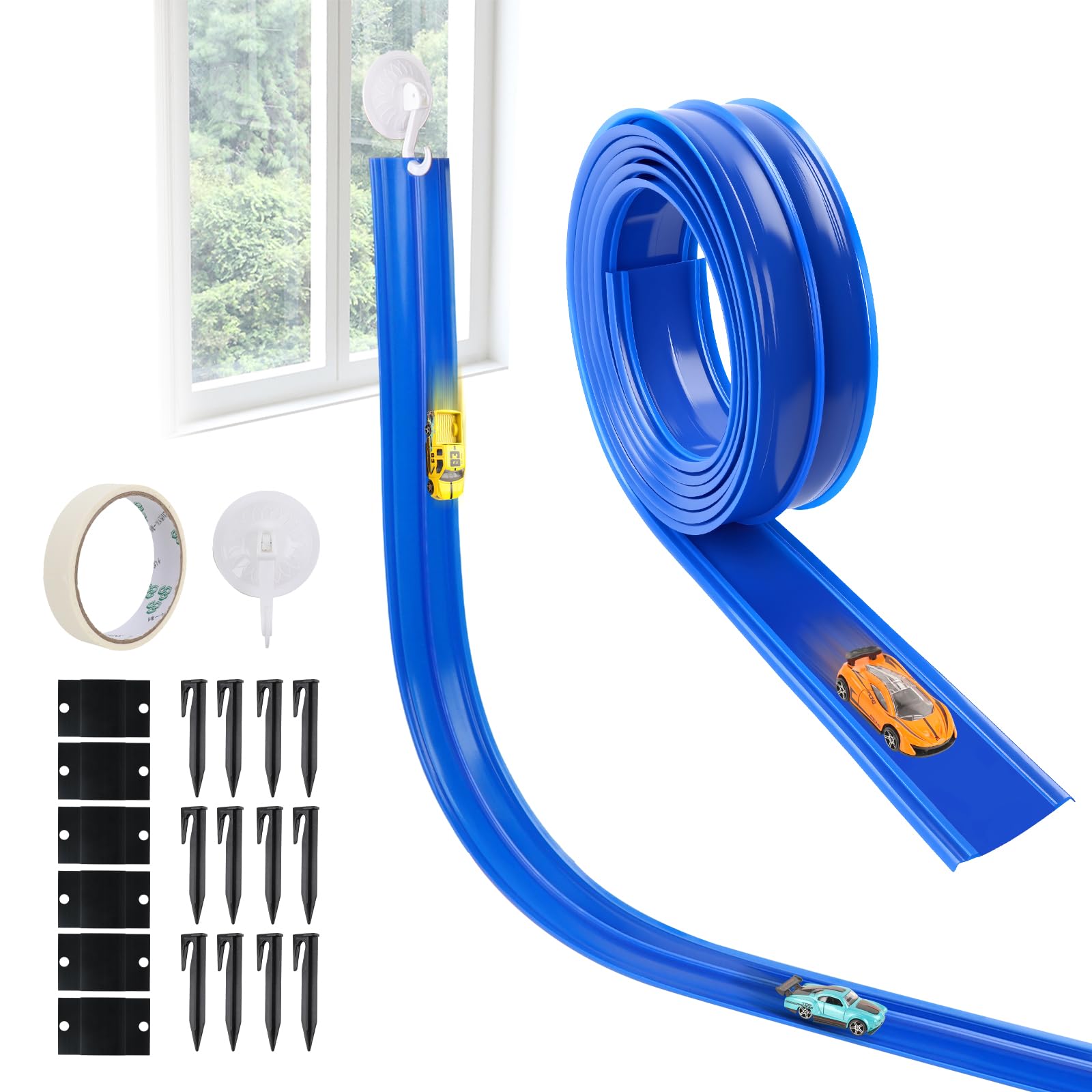 Flexible Race Track for Kids, 15FT Flex Track with Suction Cups, Ground Spikes & Hanging Rope for Wall/Window/Lawn Play, Compatible with Hot Wheels &