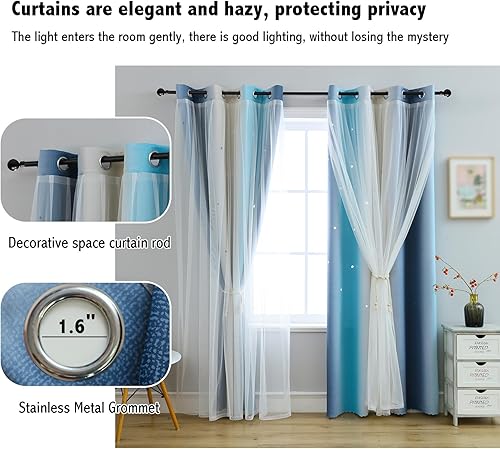 Miniatura 4 de Anytime Cortinas con recortes de estrellas para habitación de niñas, cortinas negras para ventanas (azul, 1 panel, 52 pulgadas de ancho x 63