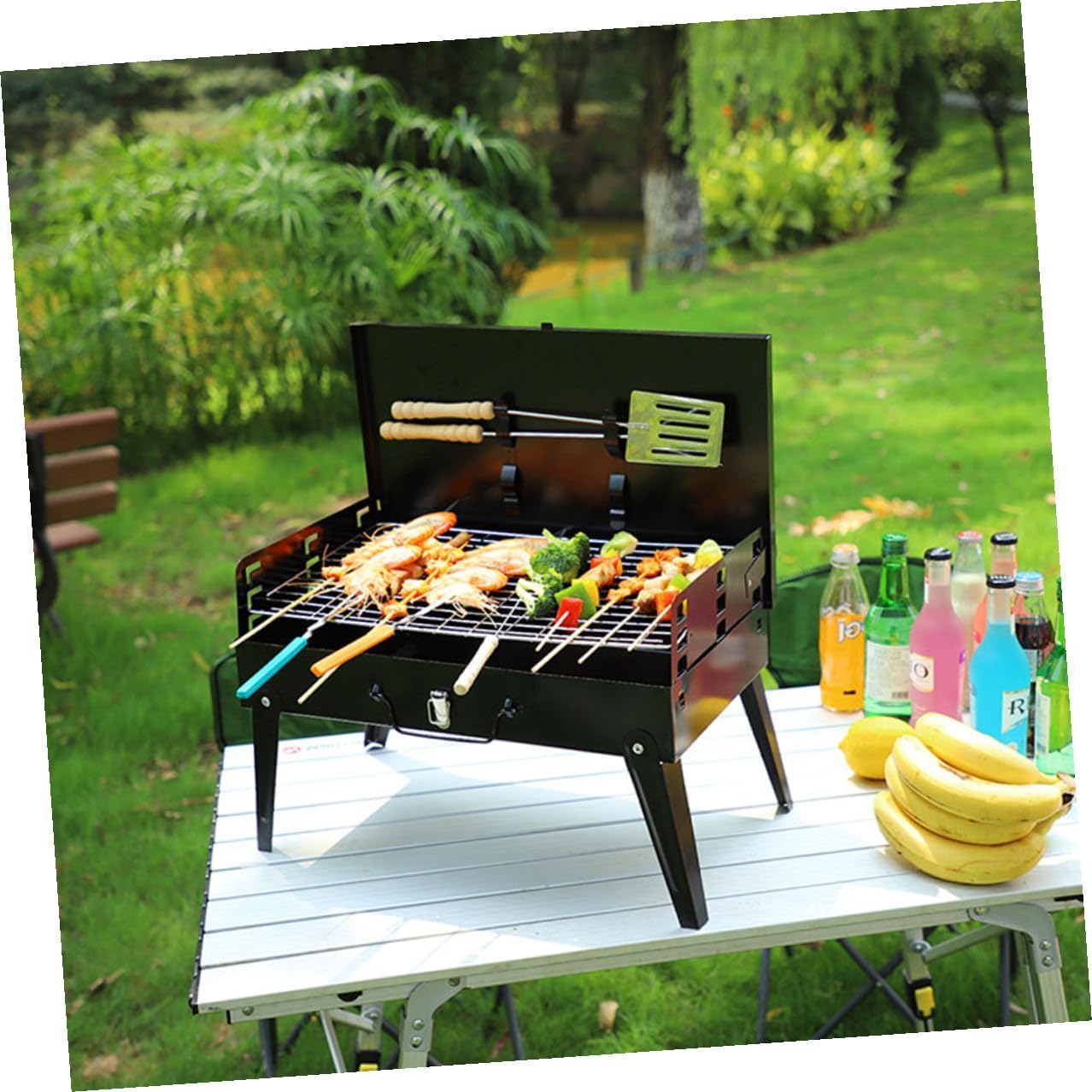 Hemobllo Portable Folding Bbq Grill Stove with Accessories, Outdoor Camping Barbecue Grill, Compact 44x27x47cm Portable Barbecue Cooking Equipment for Hiking and Picnic