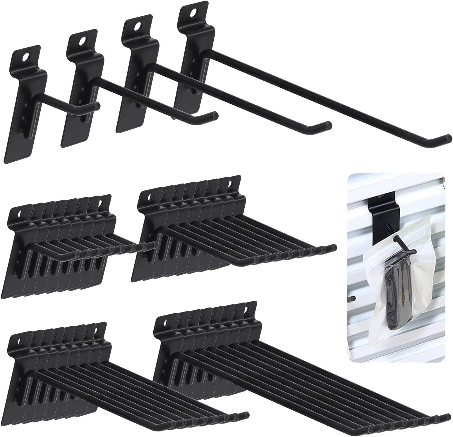 Keadic 32Pcs Slatwall Hooks Assortment Set 2/4/6/8 Inch Slat Wall Shelf Brackets Hanging Hook Heavy Duty Pegboard Gridwall Hooks Display Panel Hook for Garage Shop Retail (Black)
