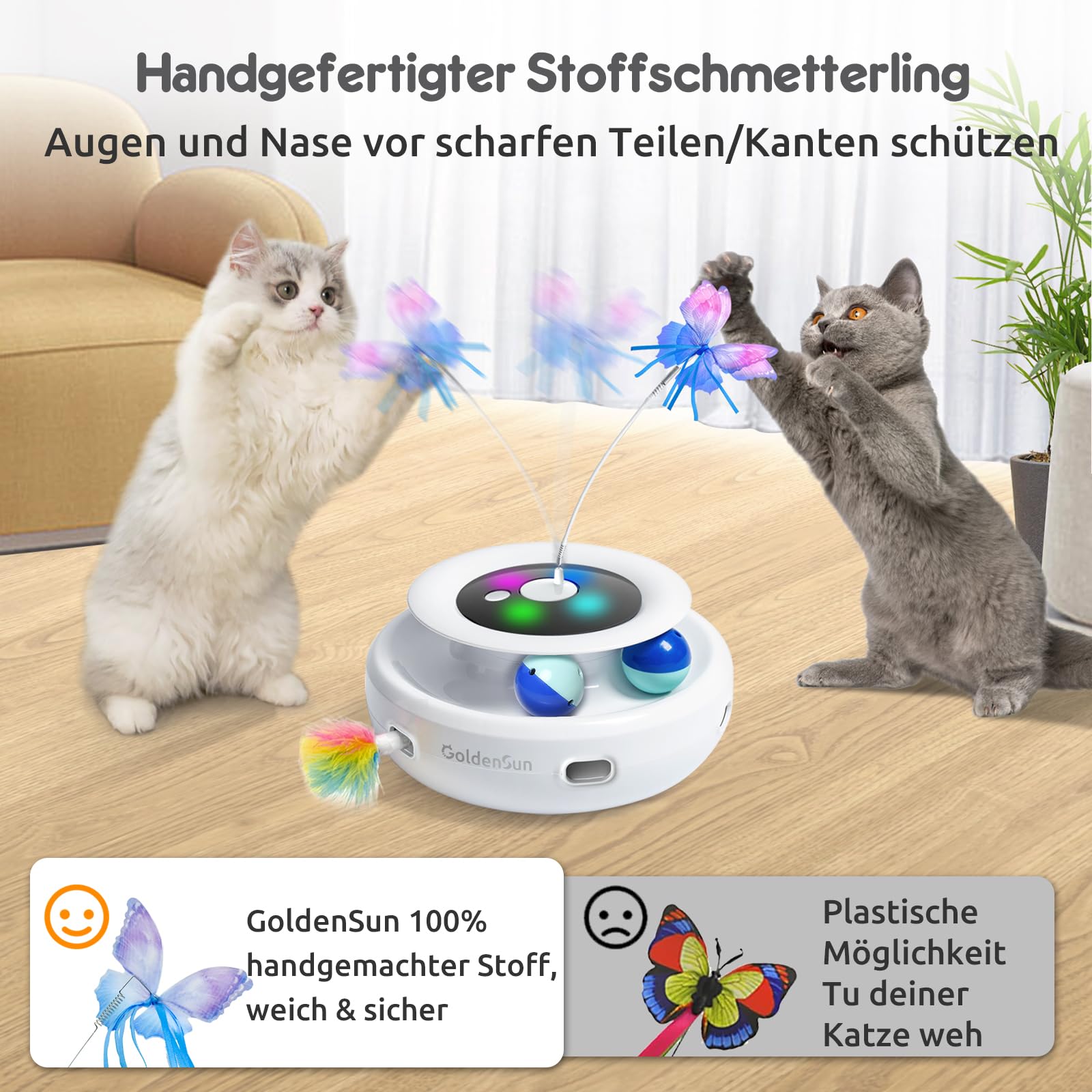 GoldenSun Katzenspielzeug, 3 in 1 Elektrisch Interaktives Automatischer Spielzeug für Katzen, Whack-A-Mole, Fluttering Butterfly, inklusive Ball, USB Wiederaufladbar Katzen Teaser mit 4 Aufsätzen