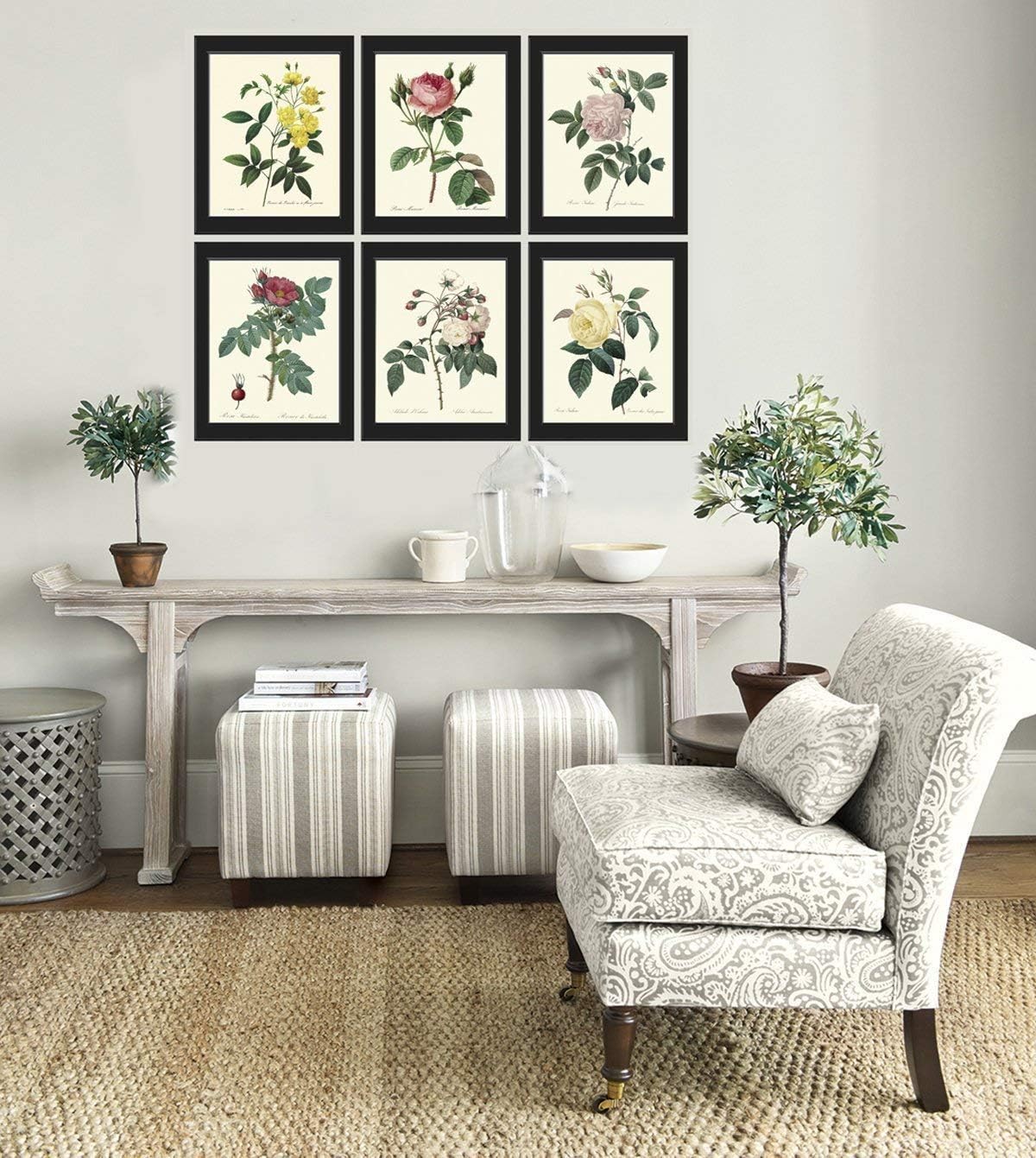 LoveThePrint Beautiful Roses Botanical Wall Art Print Set of 6 Antique Gift Home Decor Pink Yellow White Garden Nature Pretty Interior Design Dining Room Bedroom Illustration Unframed
