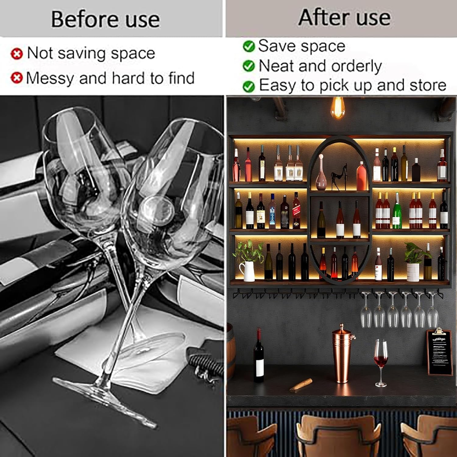 71IN Large Wall Mount Wine Rack, 4 Tier Metal Hanging Bottle Holder with Wine Glass Storage Racks, Modern Floating Wine Shelves for Home Bar Dining Room Decoration (Black, 71IN/180CM)