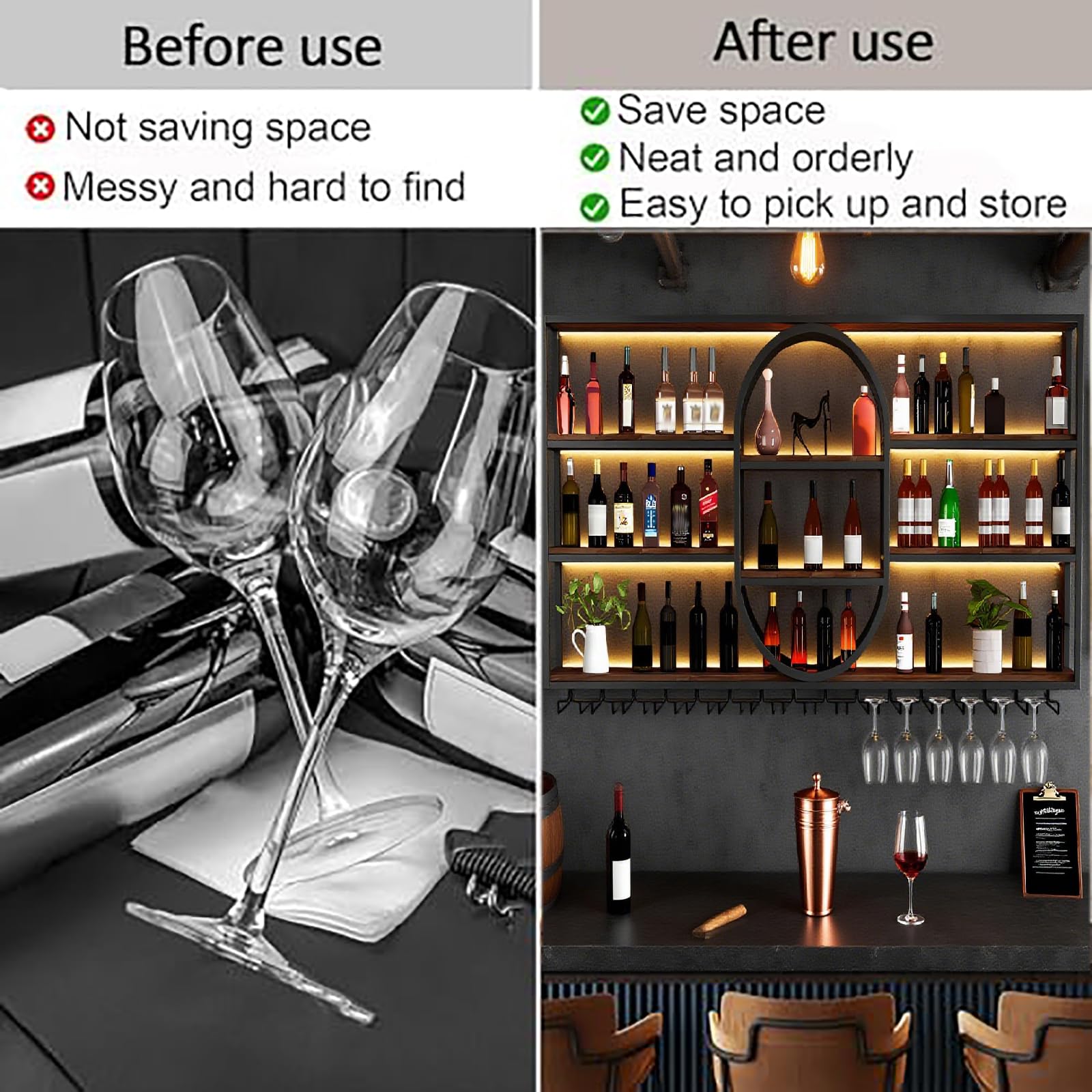 140CM Portabottiglie da parete grande, portabottiglie sospeso in metallo a 4 ripiani con ripiani per bicchieri, mensole sospese moderne per la decorazione di bar e sala da pranzo (Oro)