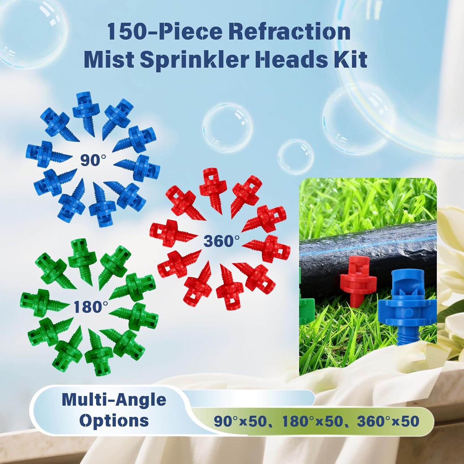150-Piece Refraction Mist Sprinkler Heads Kit - 90°/180°/360° Multi-Angle Options | Professional Plant Watering Devices Compatible with Drip Irrigation System for Yard & Lawn