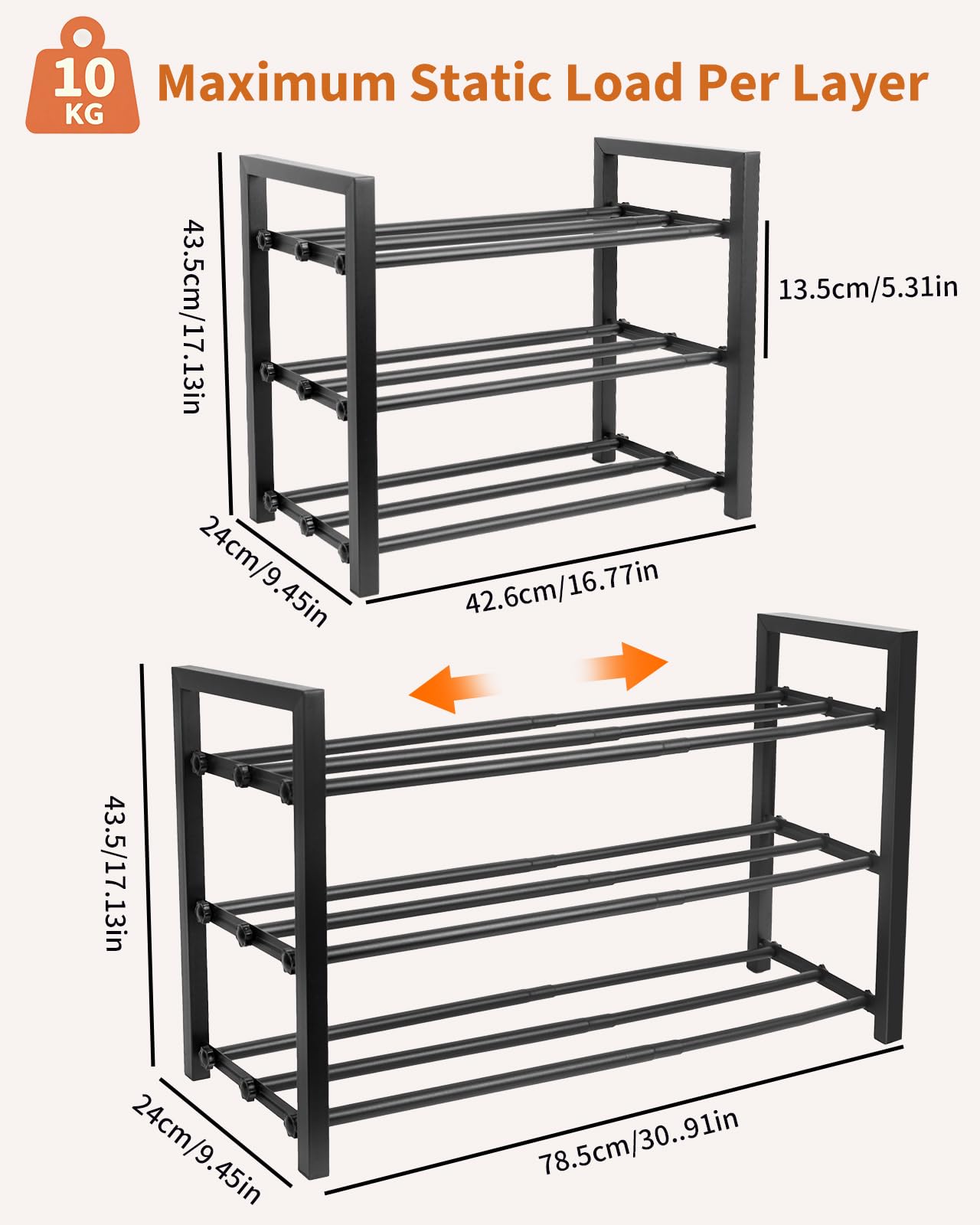 Scarpiera a 3 Ripiani, Scarpiera Salvaspazio Espandibile Portascarpe Aperta in Metallo per 6-12 Paia di Scarpe per Ingresso, Soggiorno, Corridoio, Camera da Letto, Armadio, Esterno (Nero,Piazza)