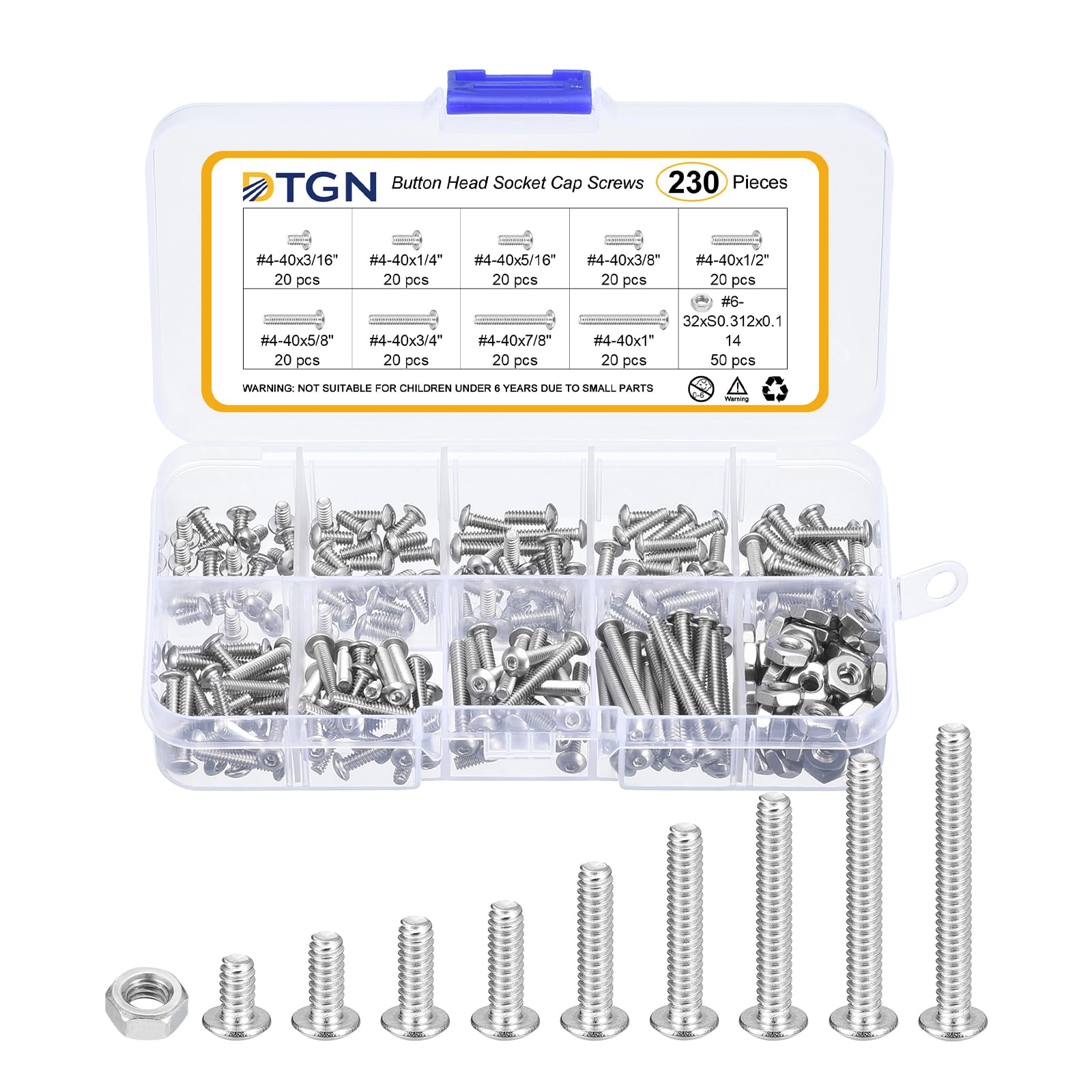 DTGN 230Pcs #4-40x3/16" to 1" Button Head Socket Cap Screws, 304 Stainless Steel Bolt Nut Set Washer Assortment Kit