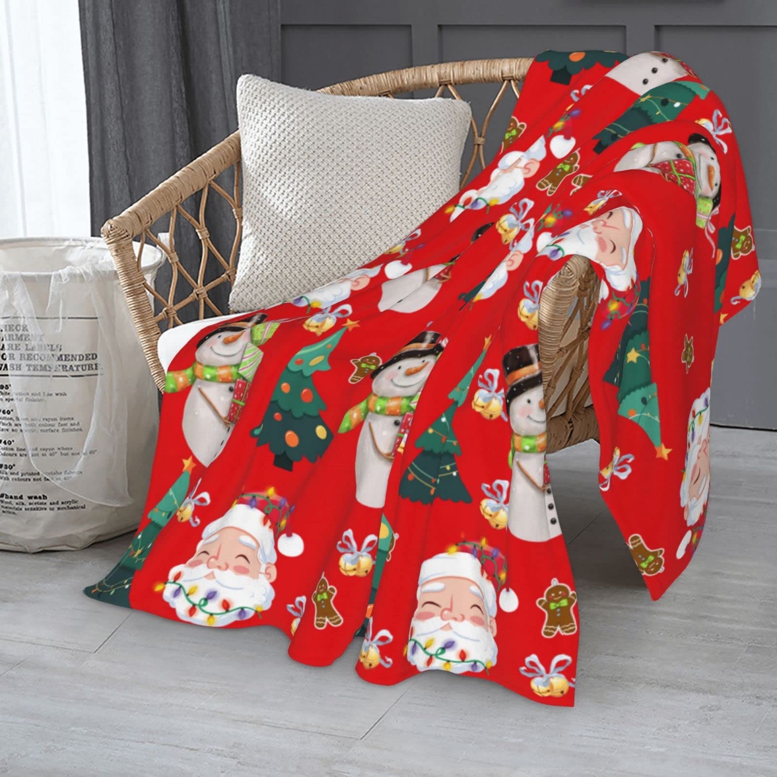 JOOCAR Cartoon Christmas Blanket Cute Christmas Tree Print Funny Santa Claus Snowman Fannel Blanket Soft Plush Warm Throw Blanket for Bed Couch Living Room Sofa Chair(Red - Image 2