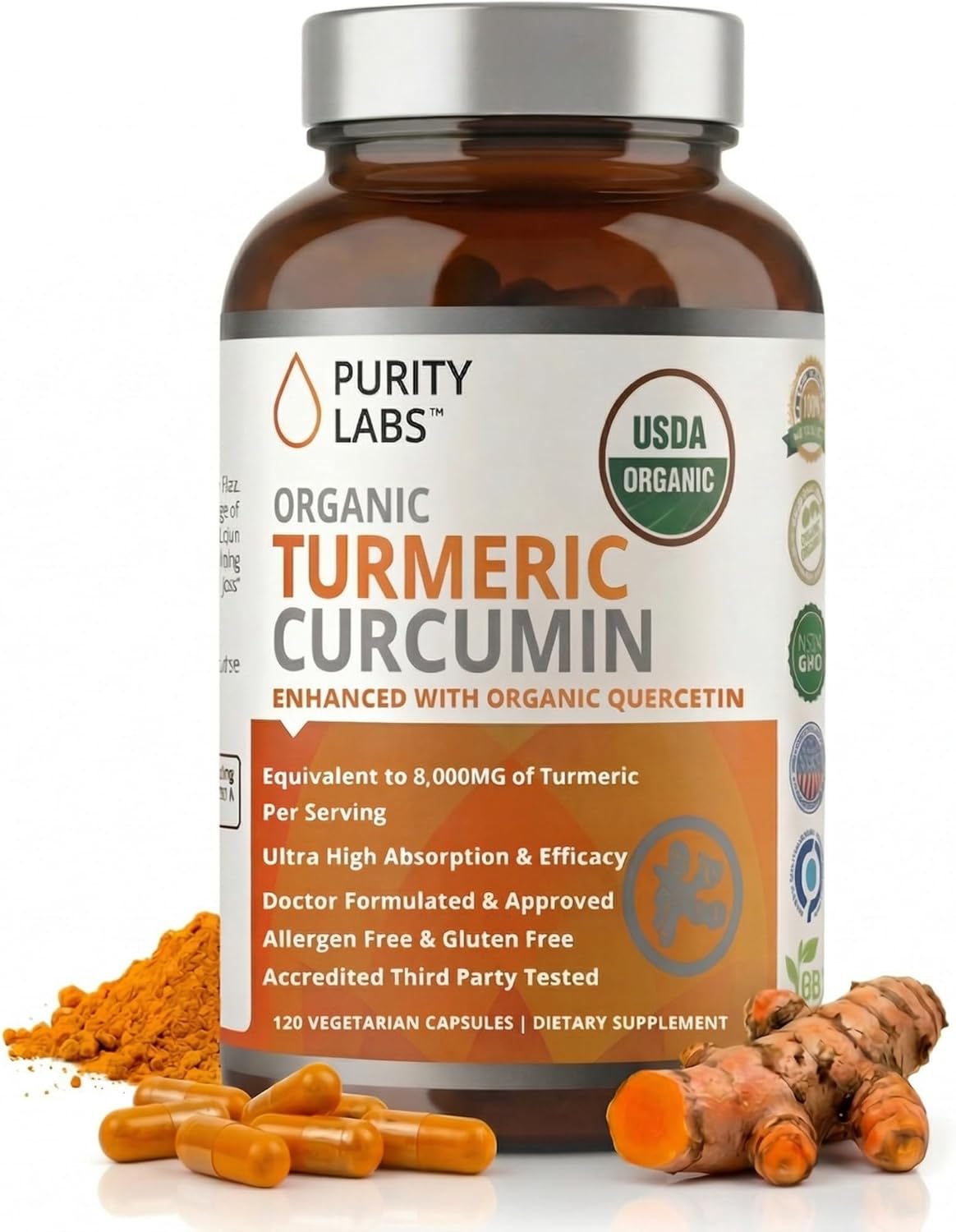 Organic Turmeric Curcumin Capsules with Black Pepper & Organic Ginger, 95% Curcuminoids, High Potency Turmeric Supplement for Joint Support & Inflammation, 120 Vegetarian Capsules