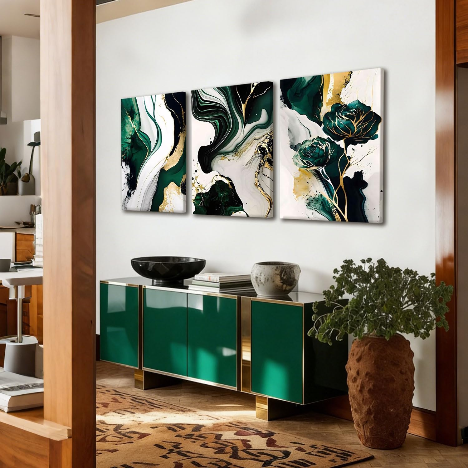 AUUAUU Green and Gold Abstract Wall Art Set of 3, Modern Fluid Art Framed Canvas Prints Fashion Marble Texture Artwork Painting 12x16 Inch Elegant Luxury Wall Decor for Living Room Bedroom Office