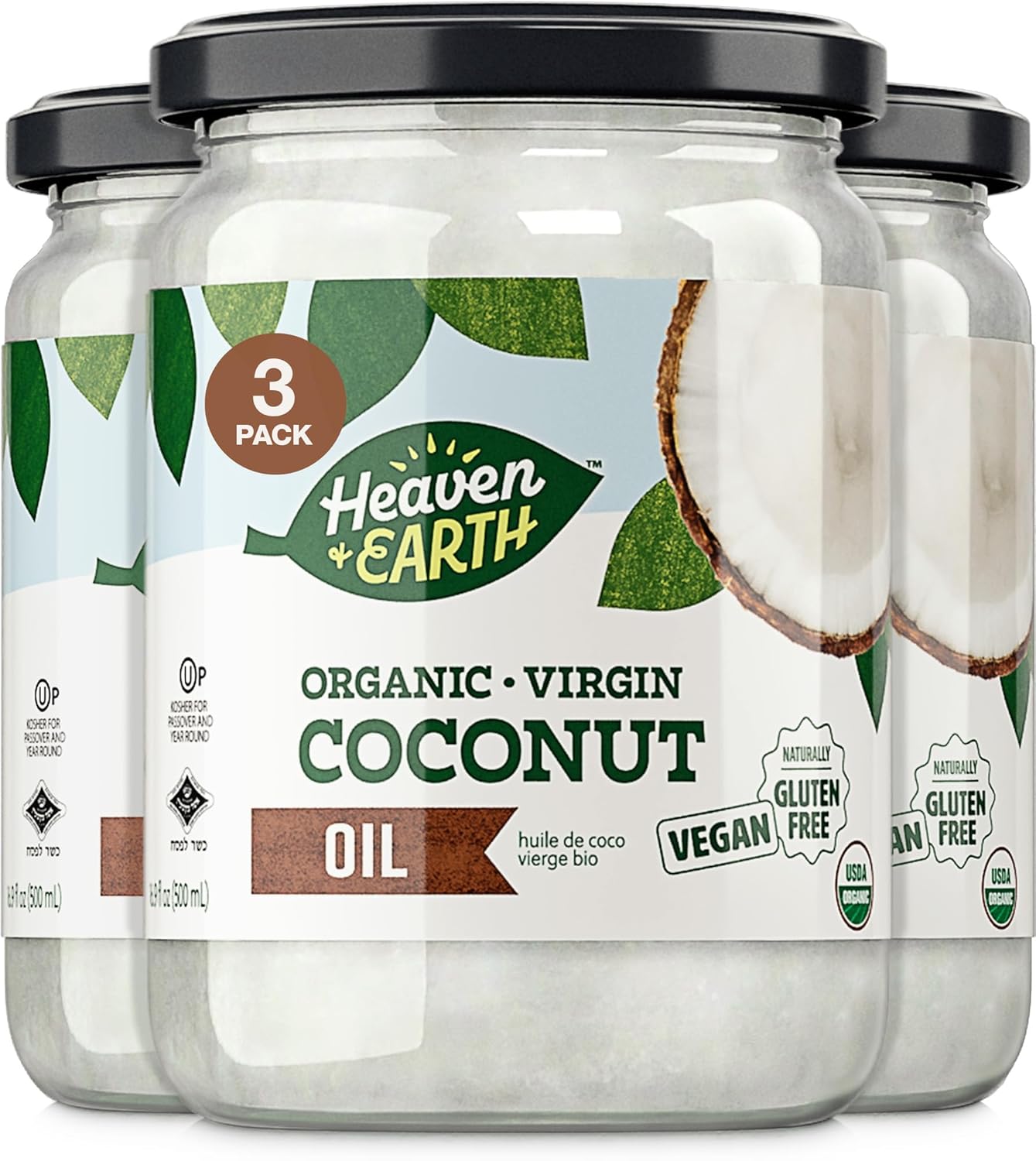 Heaven & Earth Organic Unrefined Virgin Coconut Oil, (2 Pack) 16oz | Glass Jar | Cold Pressed | Coconut Oil for Cooking, Hair & Skin | Kosher