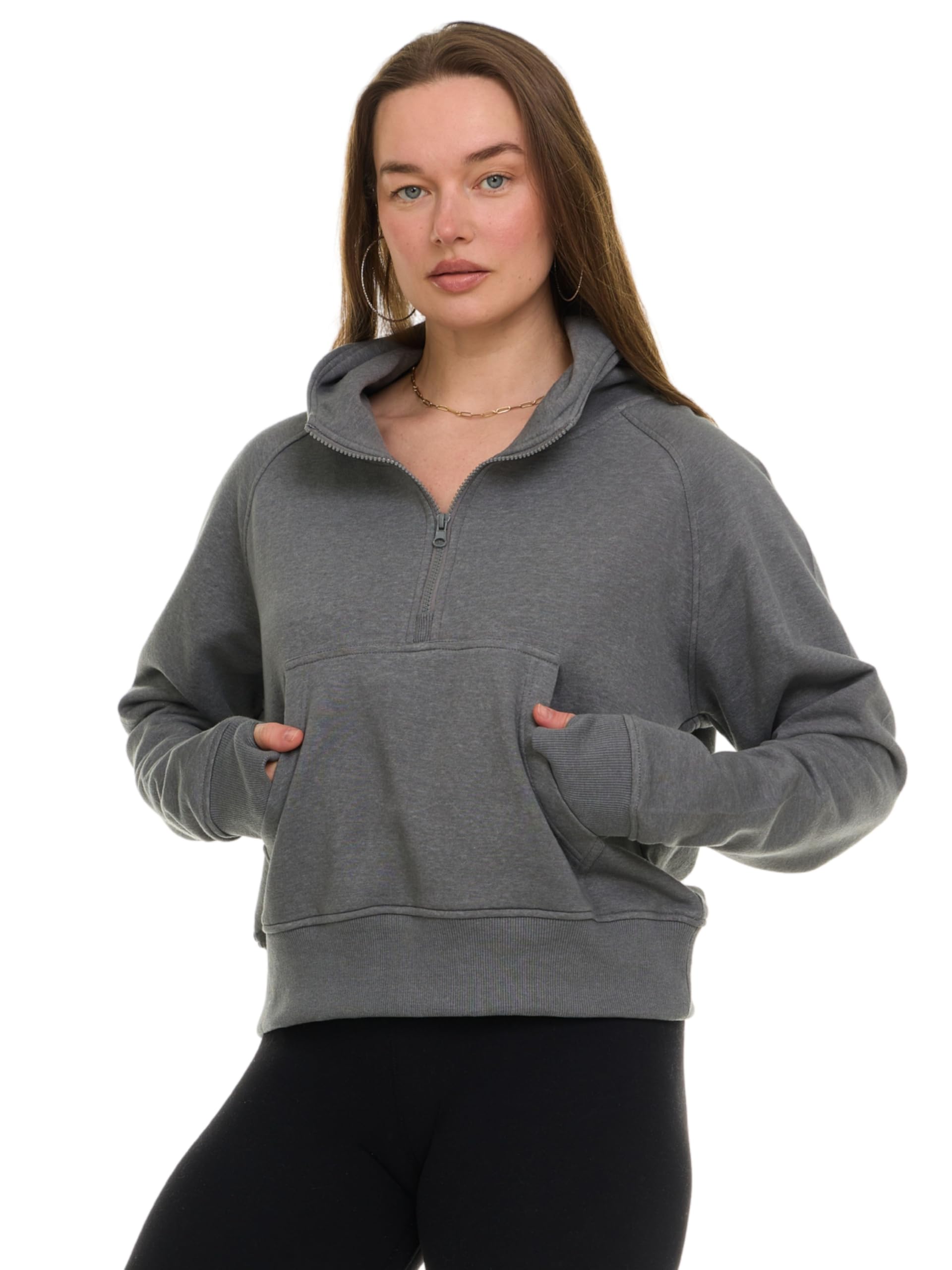 MODERN BASICS Womens Half Zip Hoodie - Fleece Cropped Sweatshirt for Women, Quarter Zip Up Pullover Dark Grey