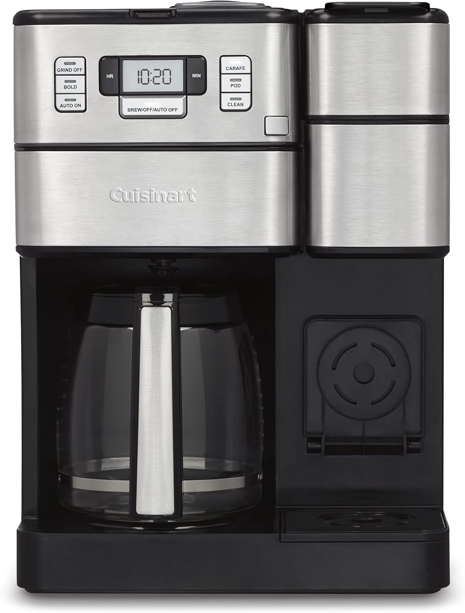 Cafetera Cuisinart, molinillo/preparador 2 en 1, porción individual 8/10/12 oz | Máquina para moler y preparar café con jarra de vidrio para 12 tazas, pico antigoteo, compatibilidad con cápsulas y depósito de 40 onzas, SS-GB1