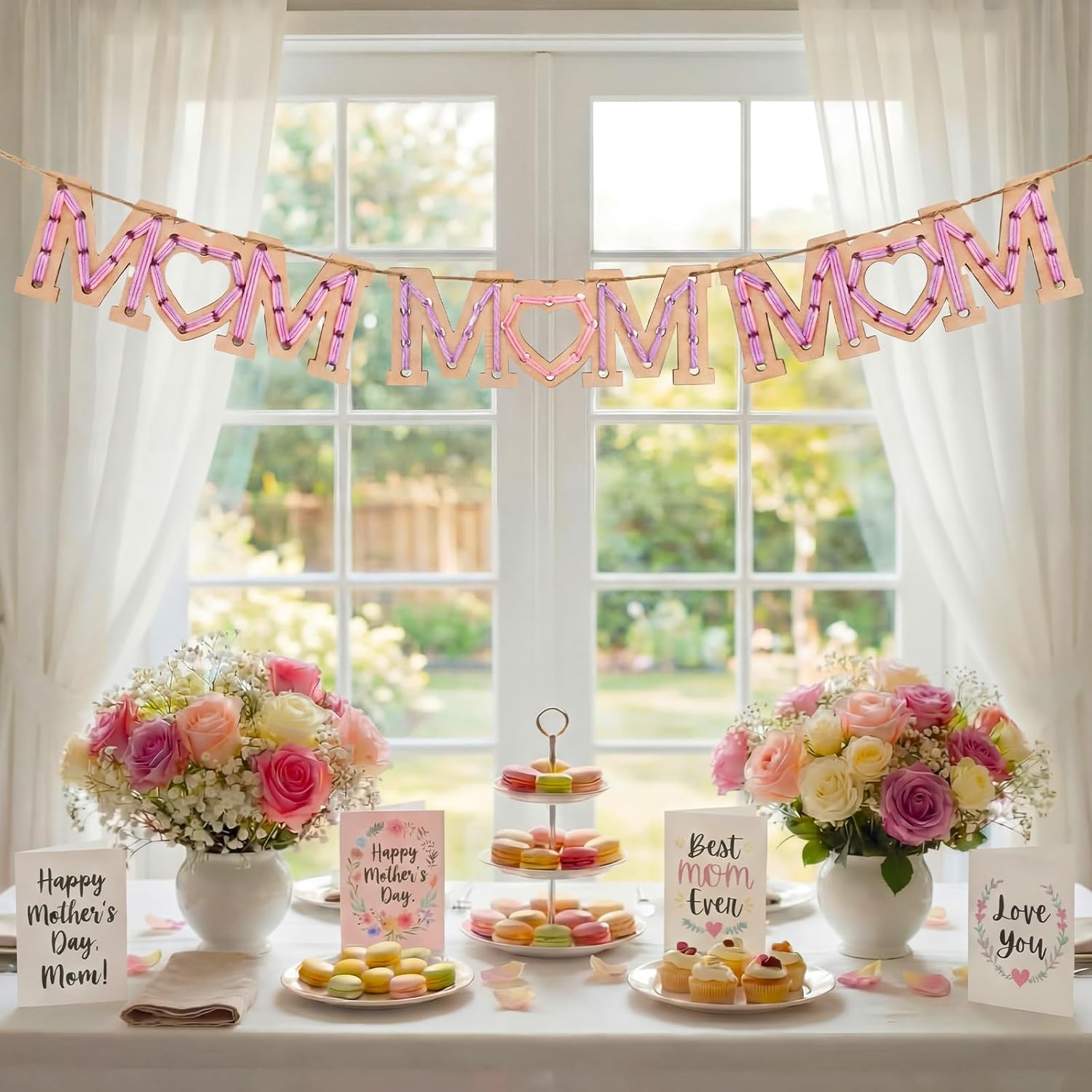 Kathfly 24 Sets Mother's Day Wooden Craft Kit, Wood Mom String Craft Ornaments with Yarn and Plastic Weaving Tools, DIY Lacing Art Hanging Decorations for Activities Handcraft Gifts