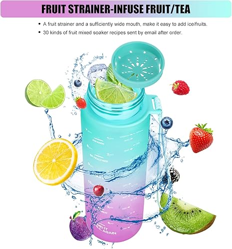 Miniatura 7 de Botella de agua de 32 oz, con marcador de tiempo que motiva a beber, 2 tapas con popoteboquilla, abre de un clic, colador de frutas, Tritan sin BPA,
