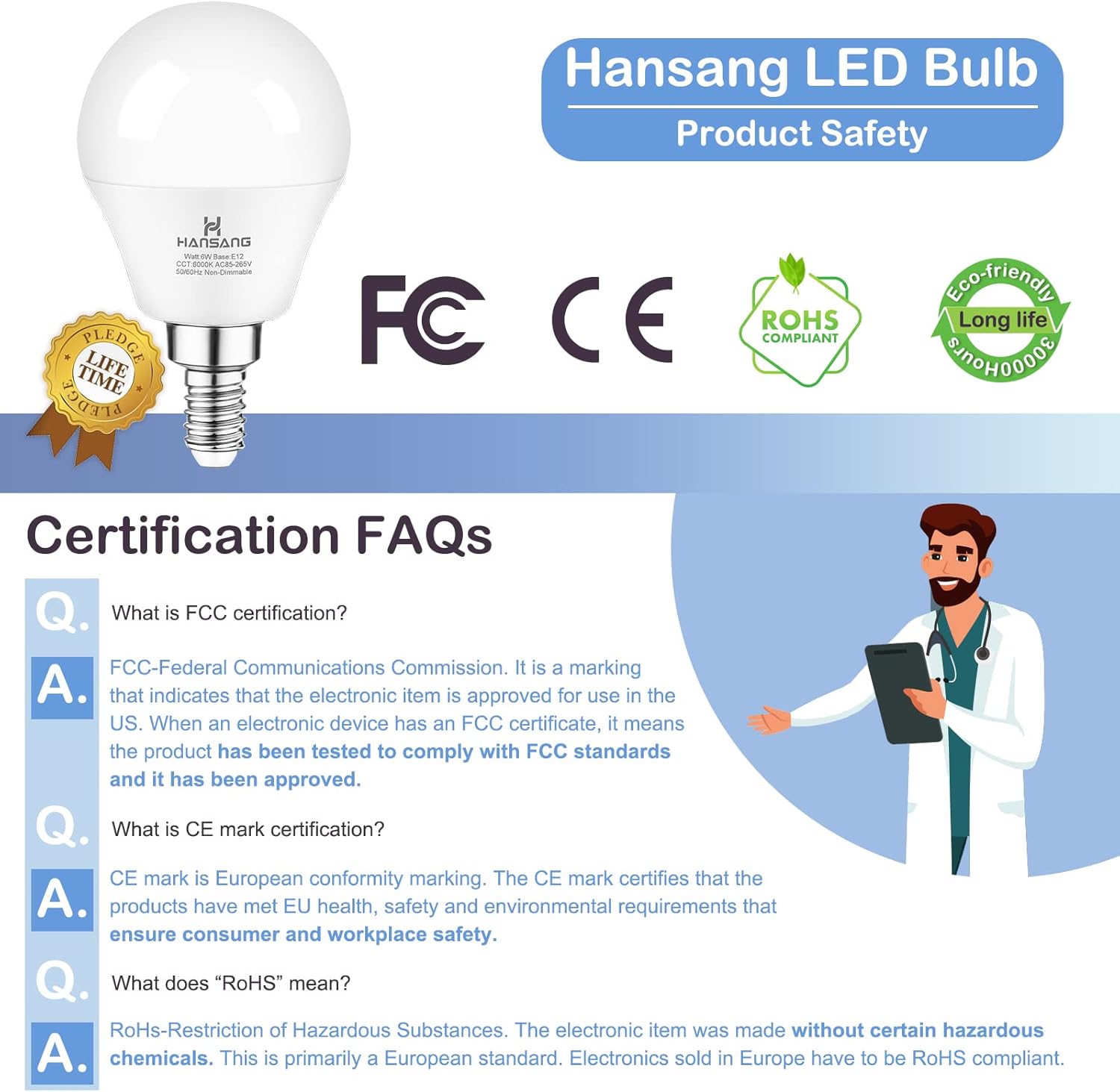 hansang E12 LED Ceiling Fan Light Bulbs 6000K Cool Daylight, 6W 60Watt Equivalent, A15 Small Candelabra Base Chandelier Bulbs, 600LM, Non-dimmable, 6 Pack
