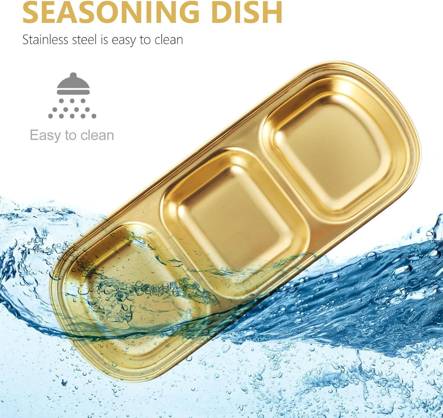 DOITOOL 2 Pcs Gold Stainless Steel Condiment Tray, 3 Compartment Divided Sauce Dishes, Metal Dipping Bowls Serving Plates for Sushi, Korean Banchan & Spices