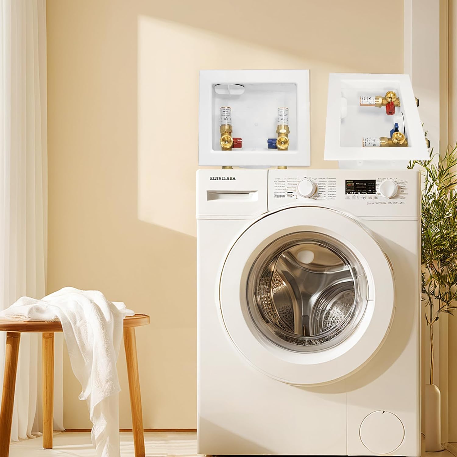 1-PACK GUOFIS Washing Machine Outlet Box with Copper Water Hammer Arrestor, PEX Laundry Washer Box with Central and Side Drain Design(1/2"Push-fit Connection Inlet X 3/4"MHT Outlet)(WM015)