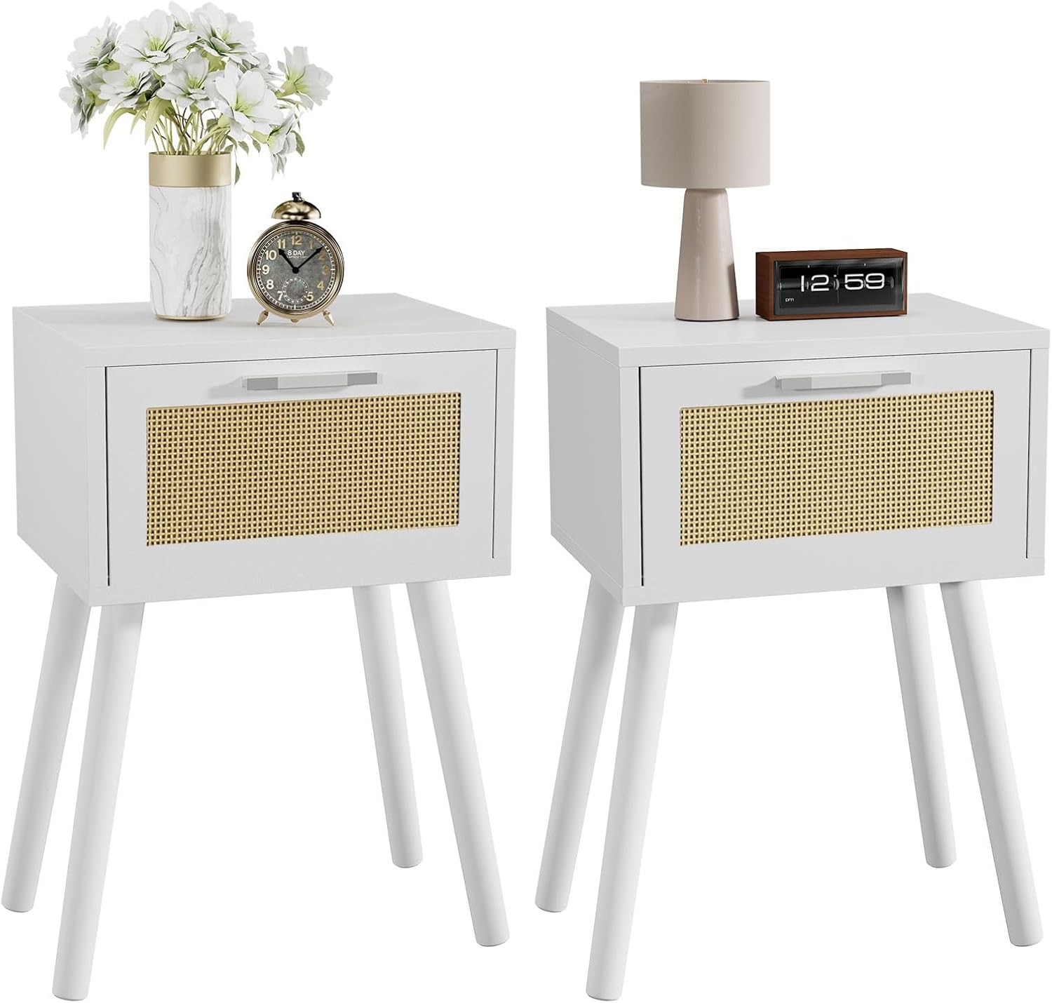 YMYNY Nightstand Set of 2, End Table, Small Bedside Table, Handmade Rattan Decorated Drawer, Solid Wood Legs, Modern Side Table for Bedroom and Small Spaces, White UHST010W-2