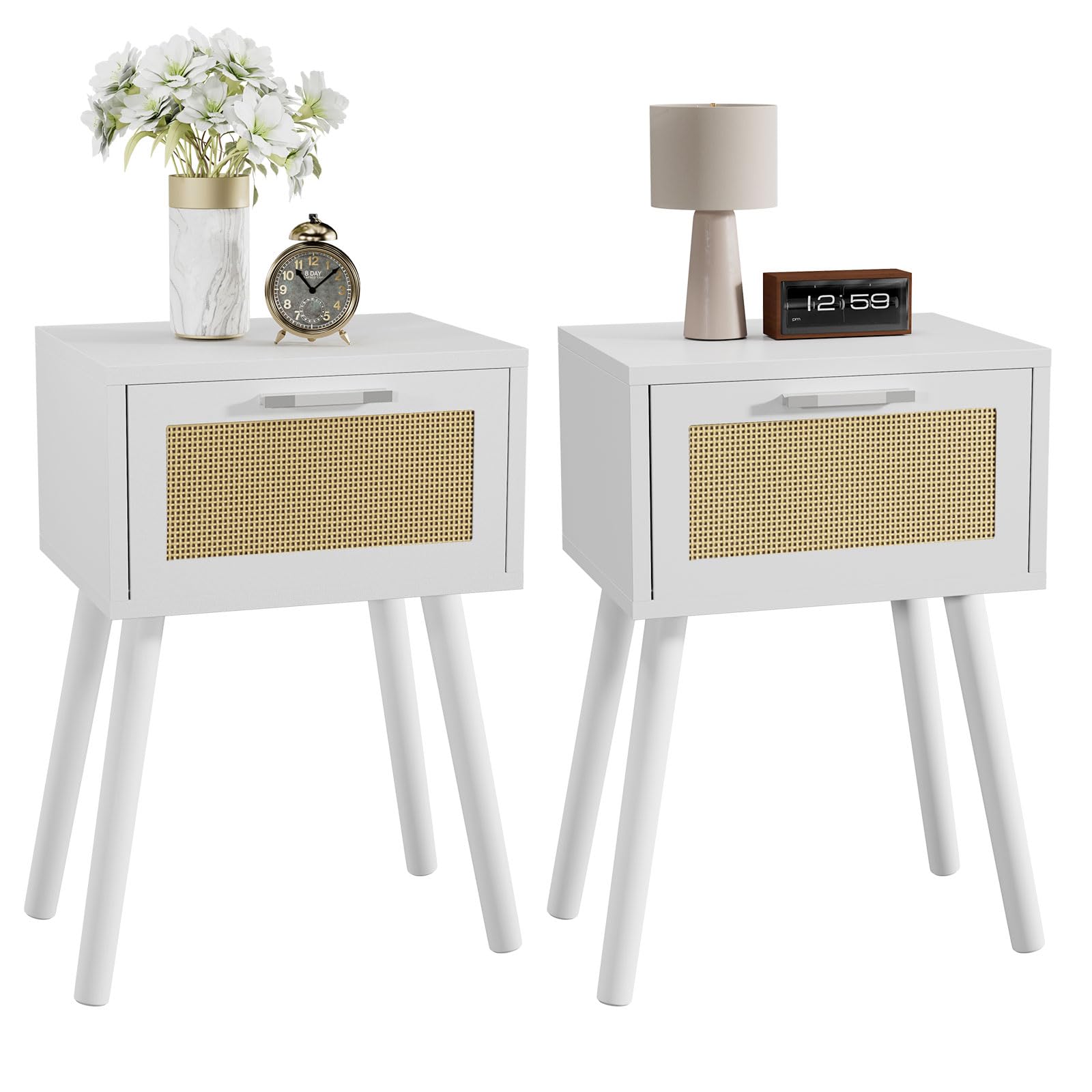 YMYNY Nightstand Set of 2, End Table, Small Bedside Table, Handmade Rattan Decorated Drawer, Solid Wood Legs, 35×27×53cm, Modern Side Table for Bedroom, Living Room, White HST010W-2