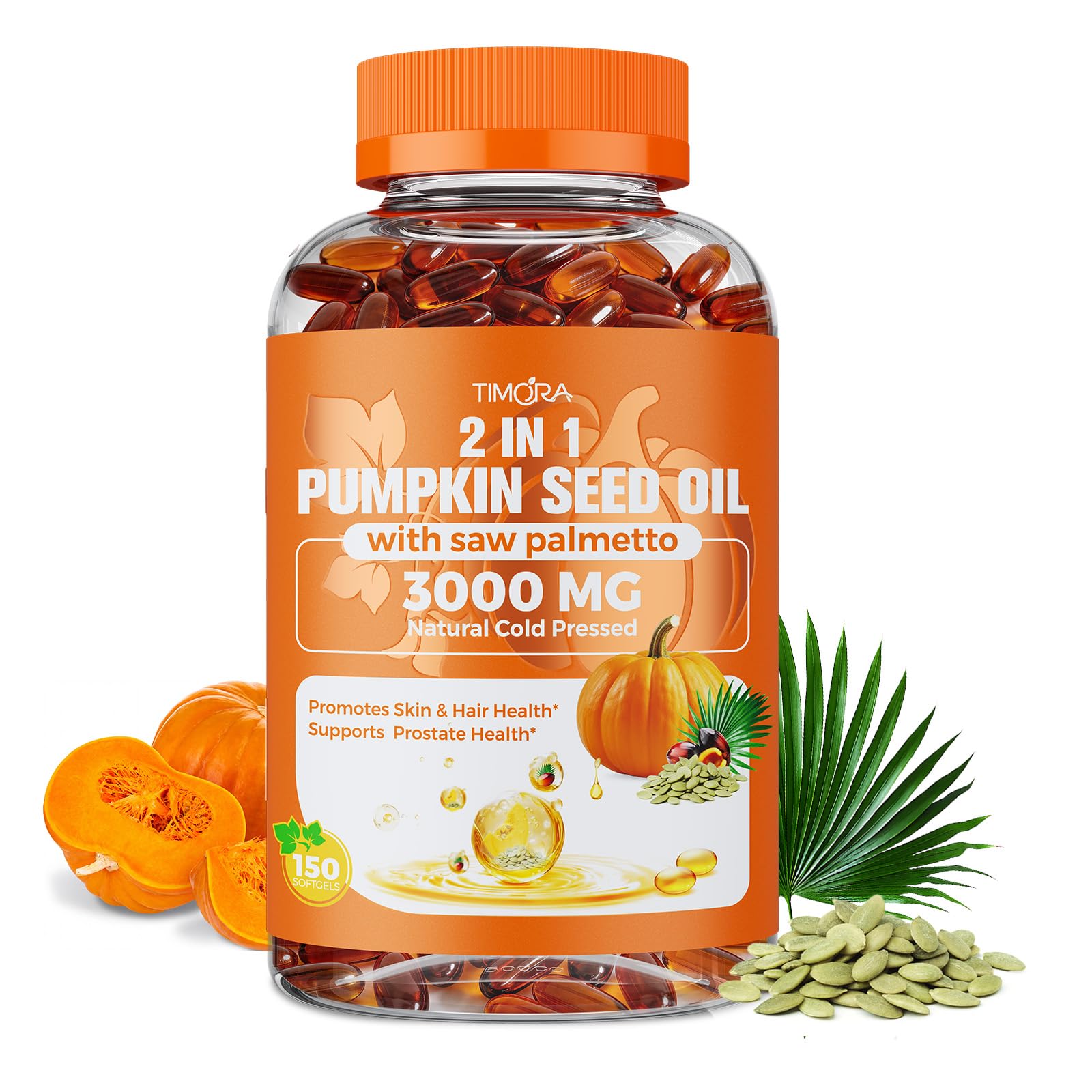 TIMORA Pumpkin Seed Oil with Saw Palmetto, 150 Softgels 150 Count (Pack of 1)