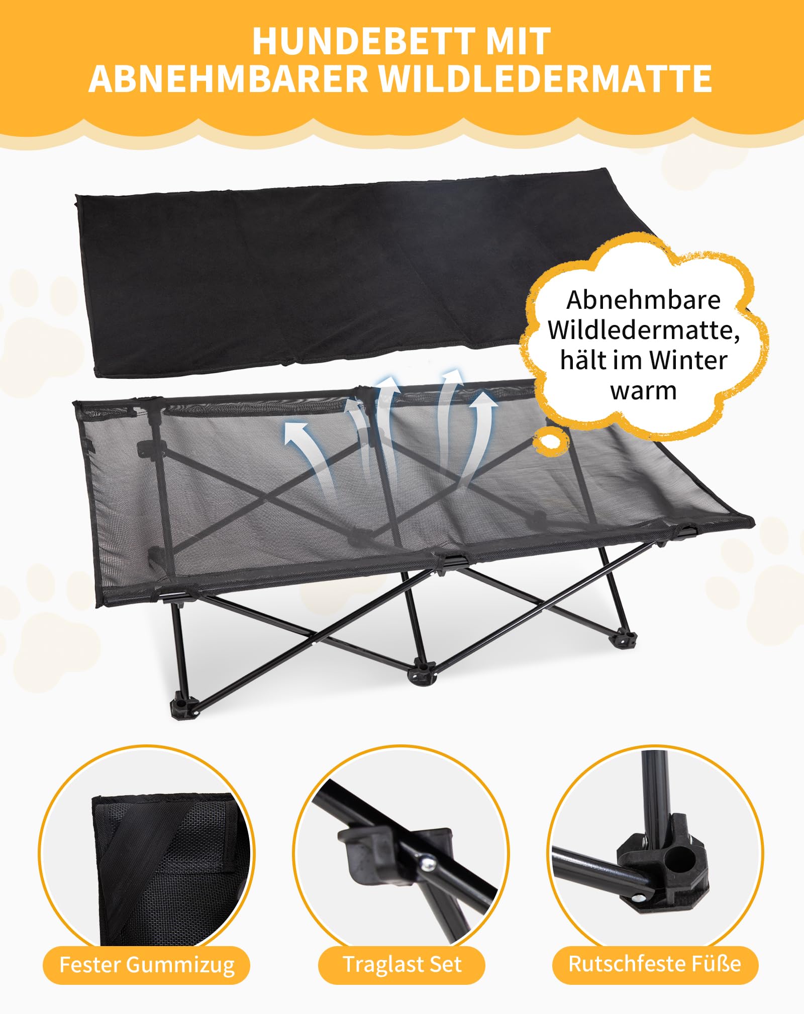 KingCamp Erhöhtes Hundebett Hundeliege Outdoor Haustierbett Haustierliege Atmungsaktivem Mesh & Wildledermatte & Rutschfesten Füßen für Reisen Garten Outdoor Indoor, Schwarz 121 × 68 × 30 cm