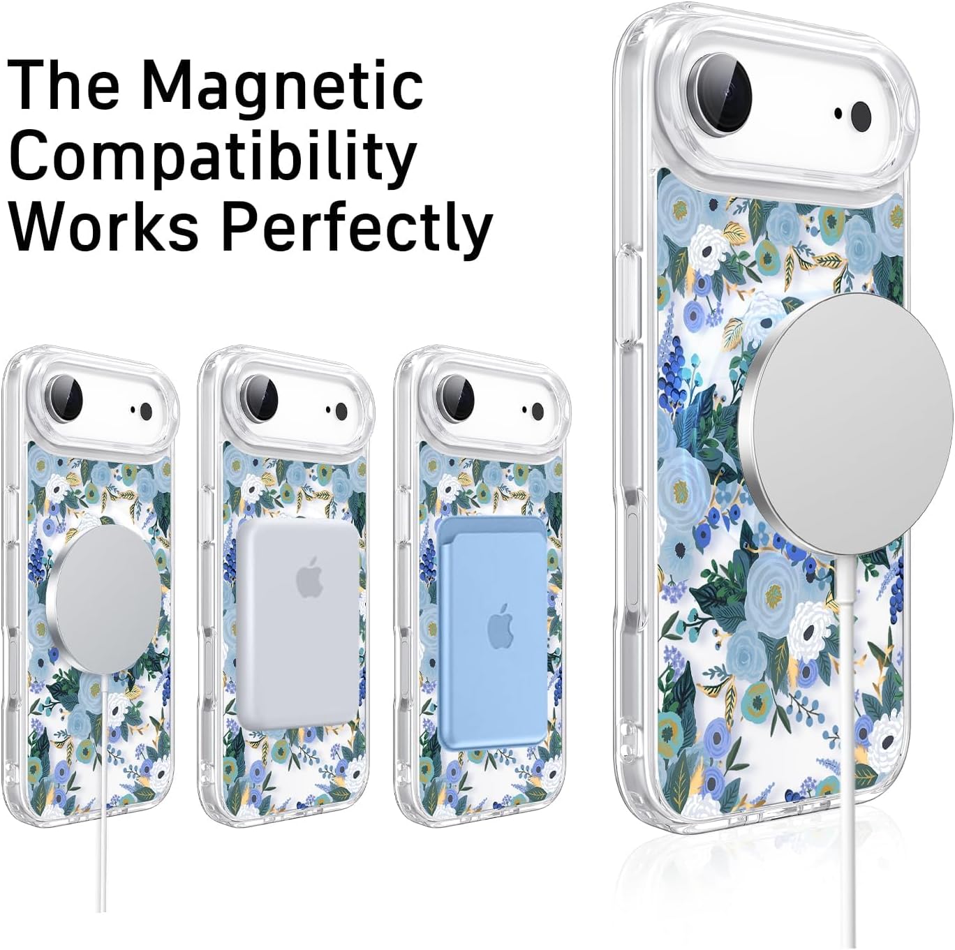 Clear Phone Case for iPhone 17 Air Compatible with Magsafe, Cute Blue Flowers Design Magnetic Shock Proof Heavy-Duty Protection for Men Boys Women Girls - Image 6