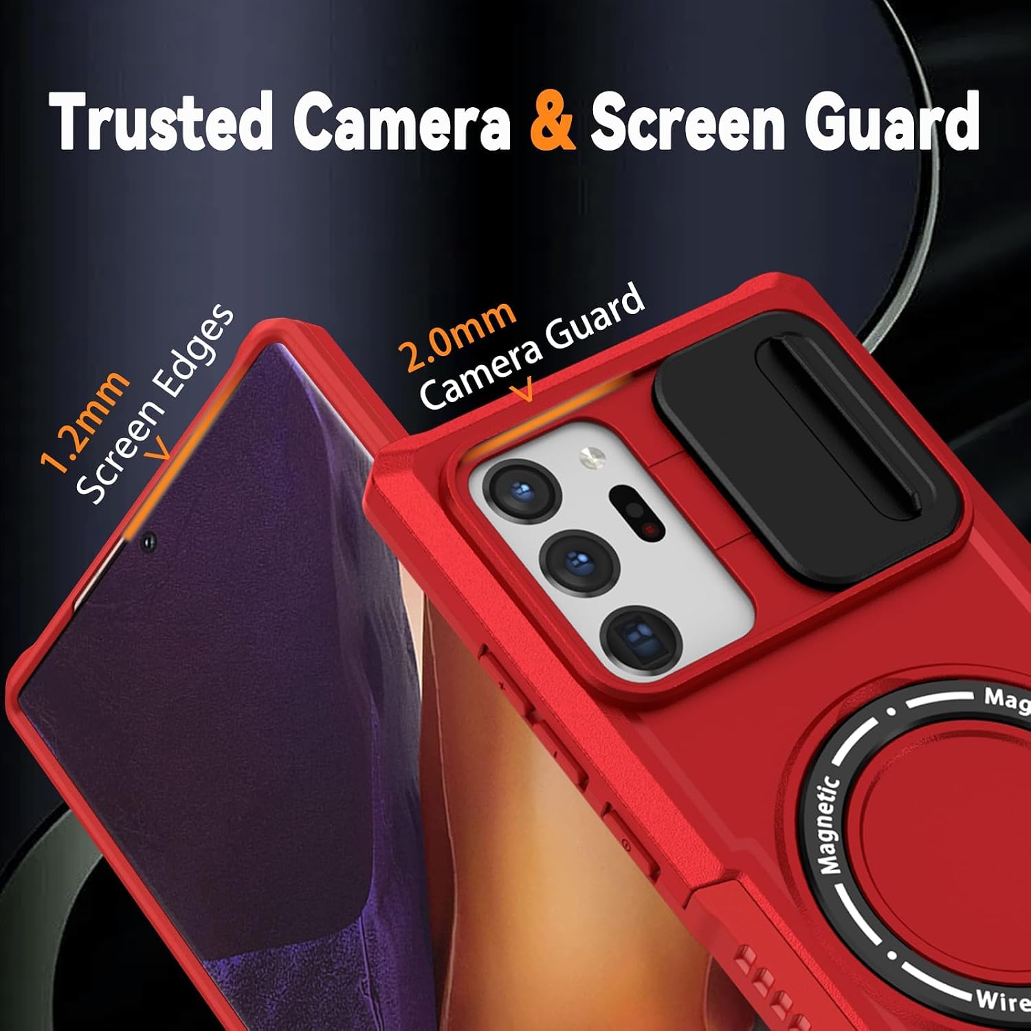 for Samsung Galaxy Note 20 Ultra Magnetic Case with Ring Stand [Compatible with MagSafe] [Screen Protector] Military Grade Heavy Duty Shockproof Case with Slide Camera Cover, Red image 5