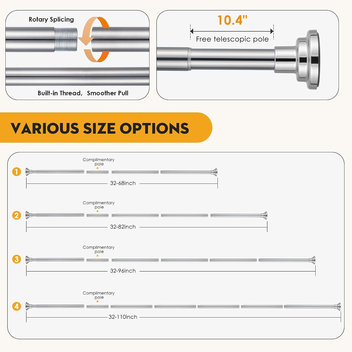 Shower Curtain Rod 1" Diameter 17-103 Heavy Duty Shower Rod Spring Adjustable Tension Curtain Rod Non-Threaded No Drill Stainless Steel Non Slip for Bathroom Window Closet Outdoor Silver