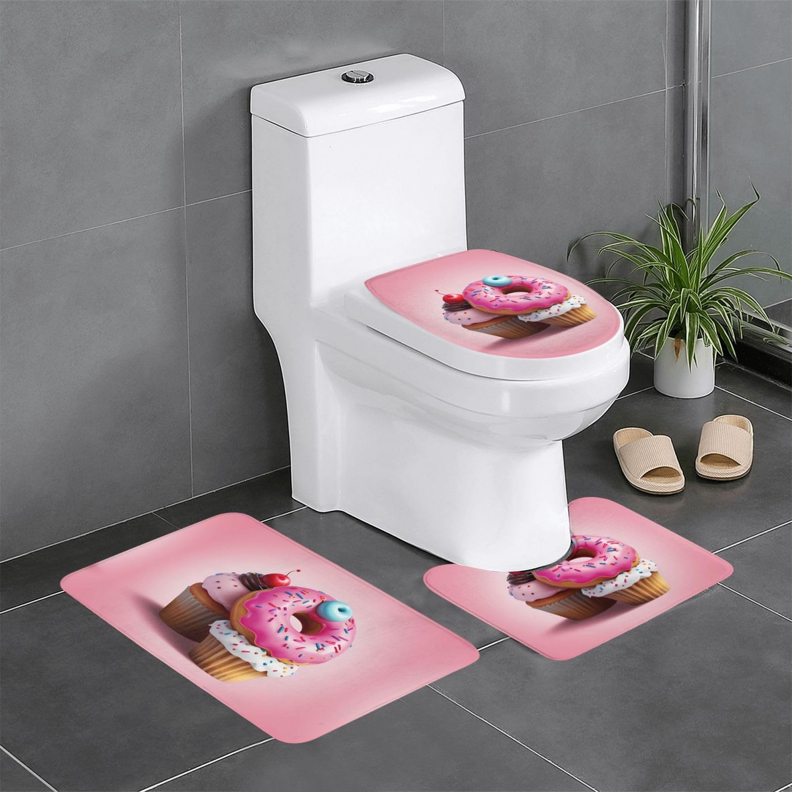 Tapis de salle de bain contour ovale rectangulaire anti-glisse rose 3 pièces