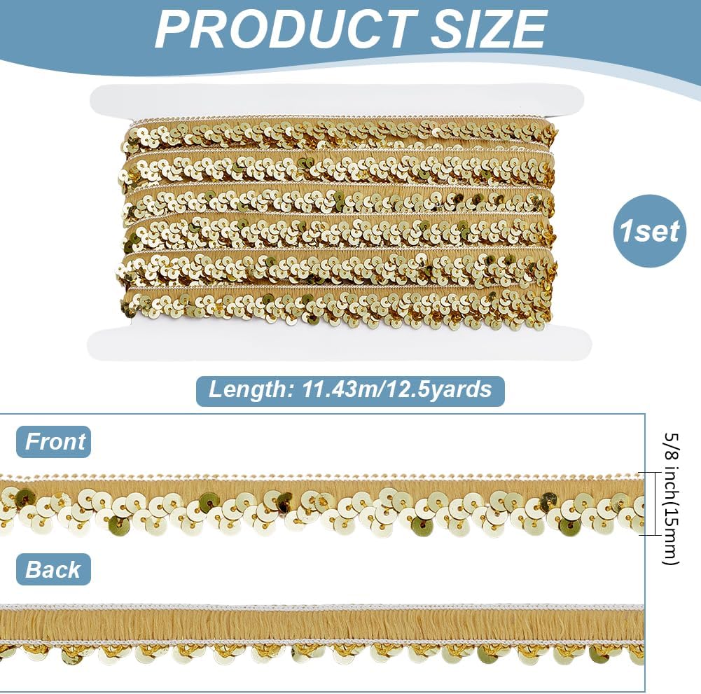 FINGERINSPIRE 12.5 Yards Elastic Sequins Trim Champagne 0.5 inch Yellow Stretch Sequin Crafts Elastic Sequin Lace 2 Row Flat Glitter Sequin Trim for Dress Embellish Headband