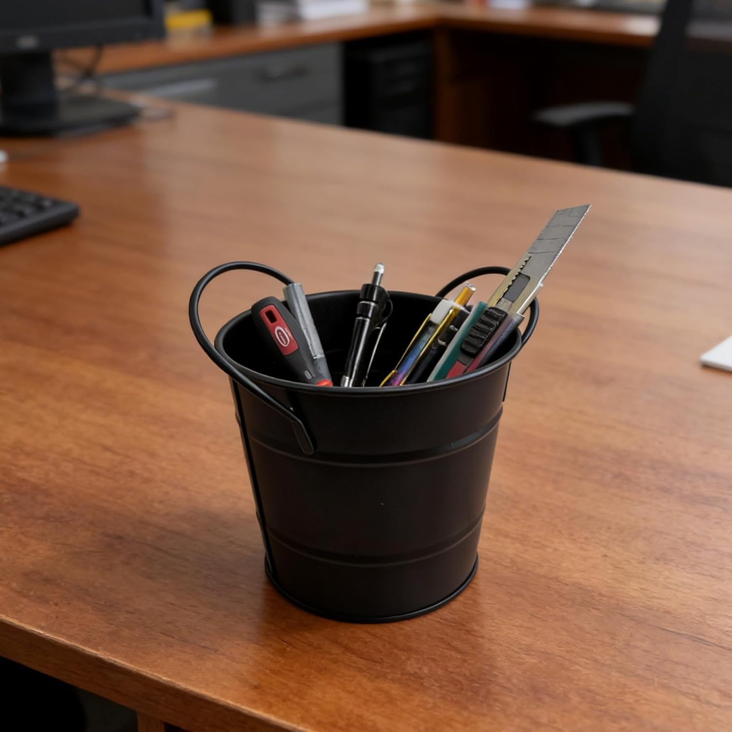 Fengtaiyuan T9，Matte Black Metal Storage Bucket, 5.95.14.7 inches Multi-functional Desktop Organizer for Home Office Garden (T19) image 4